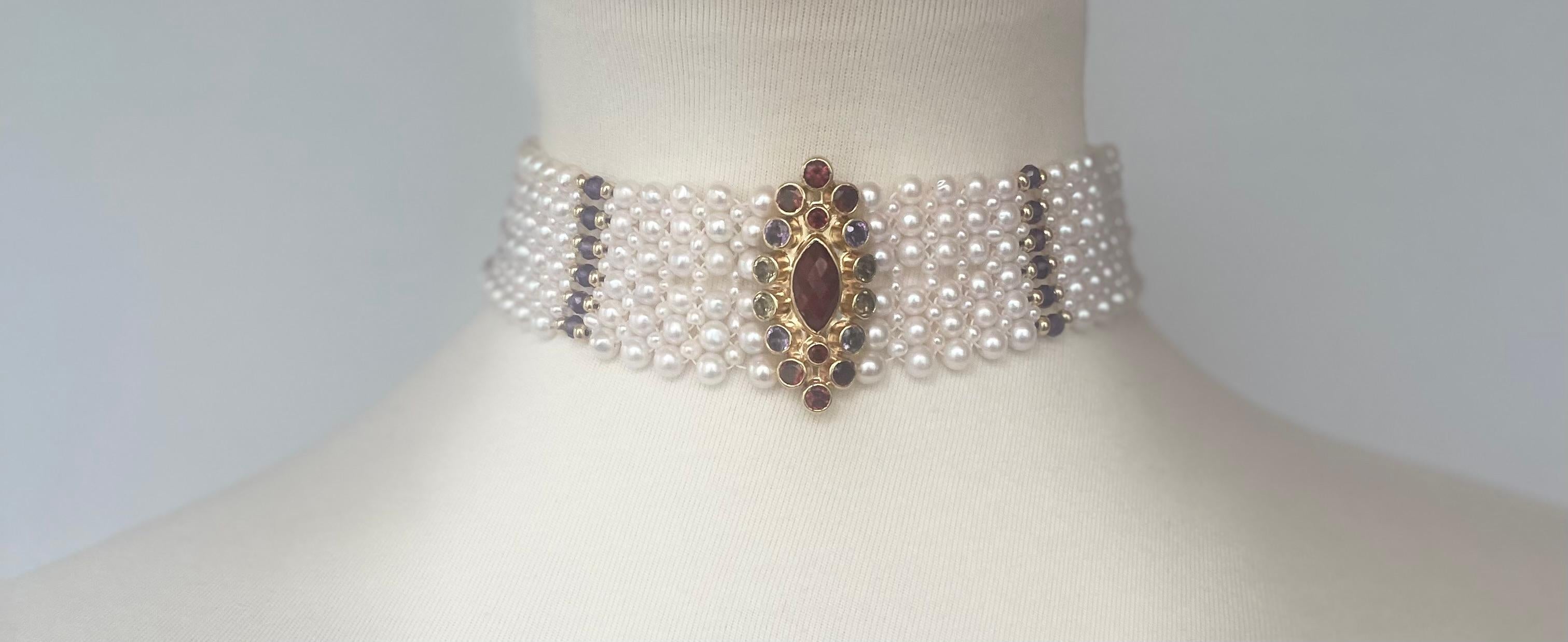 Marina J woven pearl choker with multi color semi precious beads   6