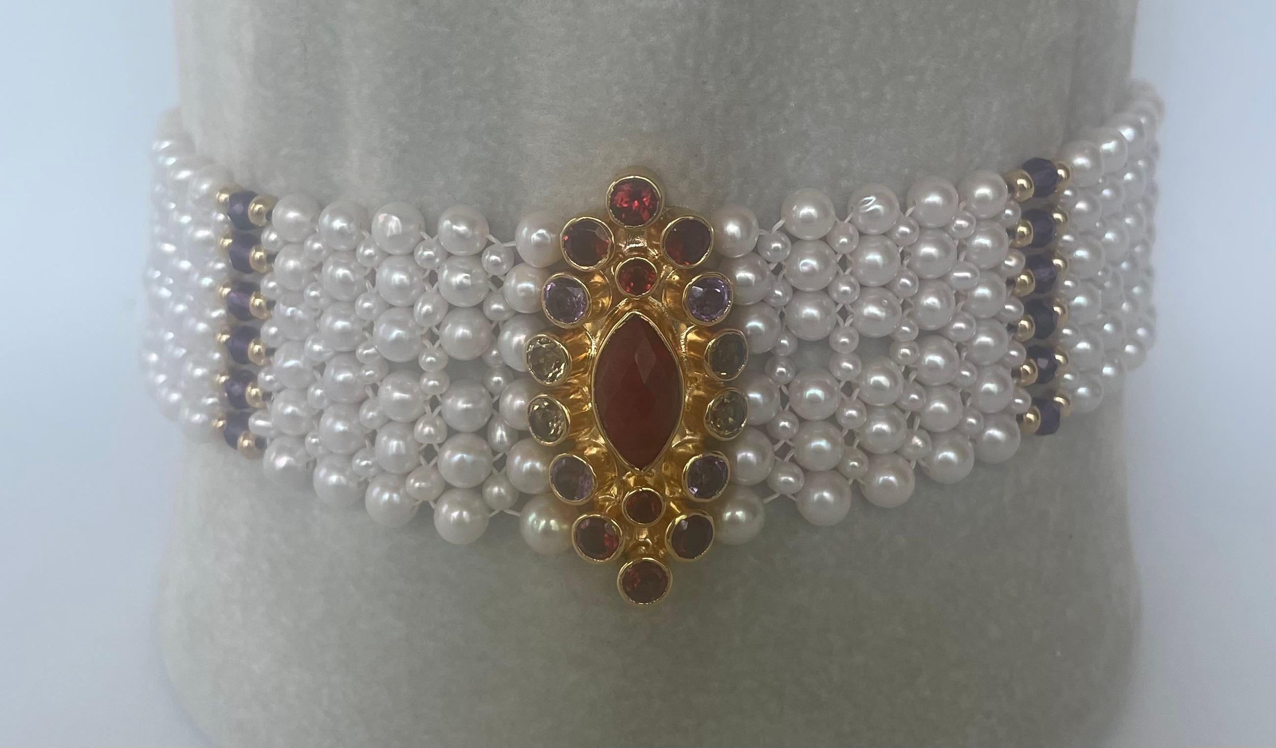 Marina J woven pearl choker with multi color semi precious beads   7