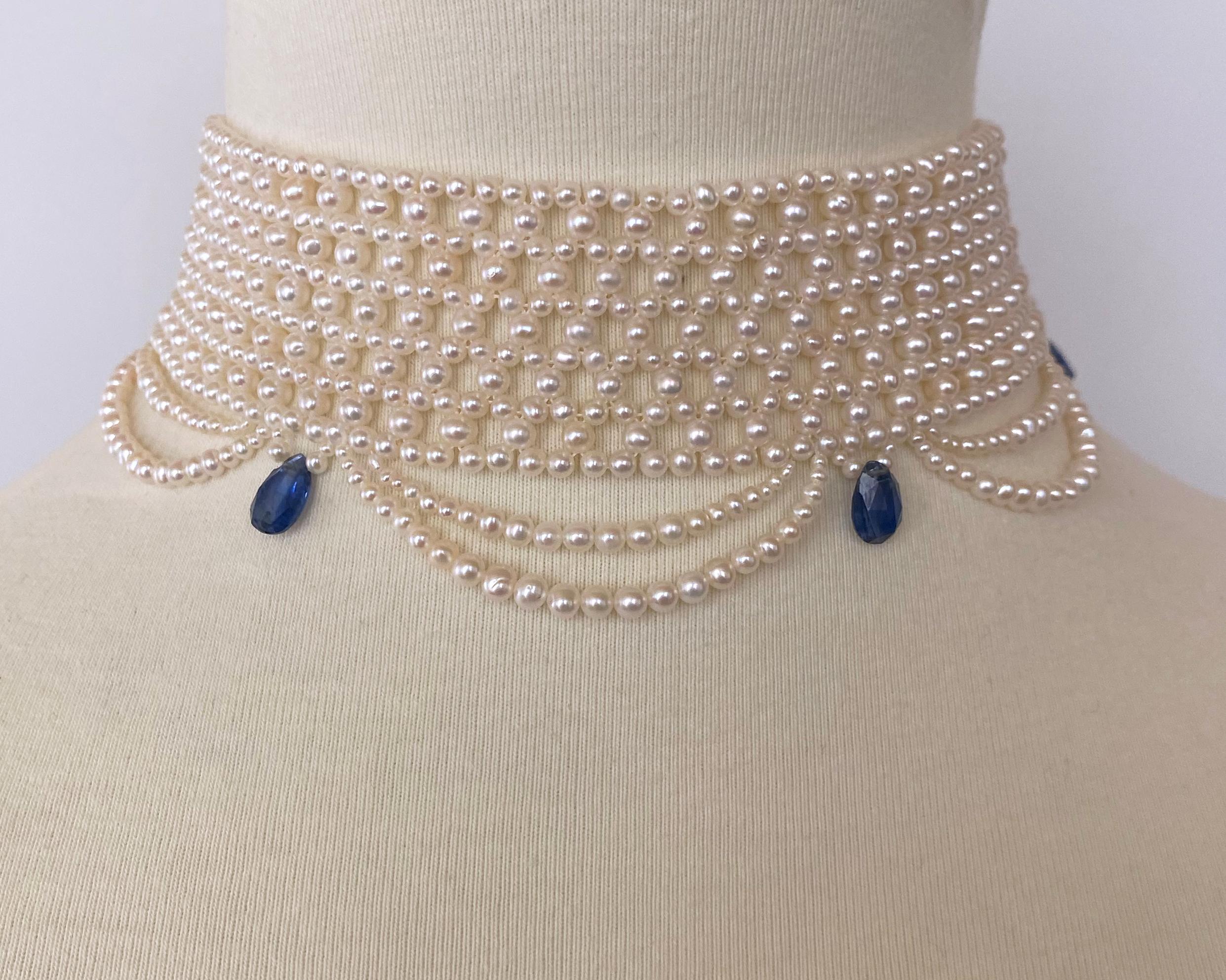 Marina J Woven Pearl Choker with Pearl Drapes and Kyanite Briolettes For Sale 1
