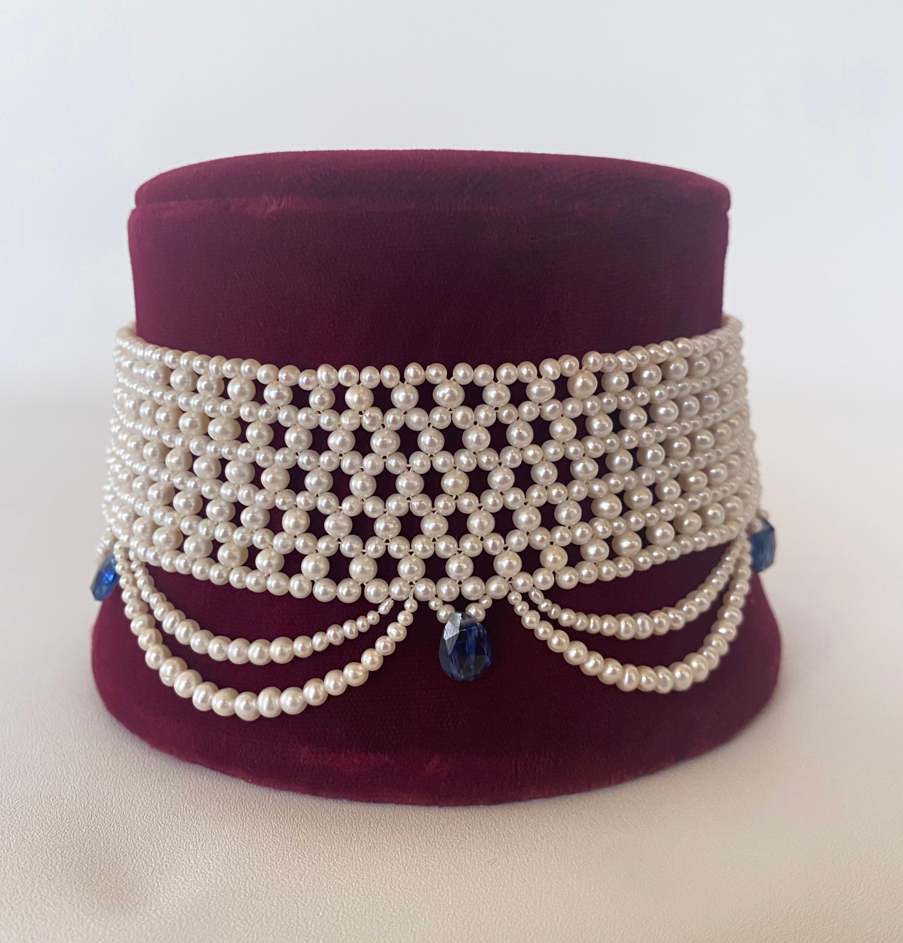 Artisan Marina J Woven Pearl Choker with Pearl Drapes and Kyanite Briolettes For Sale