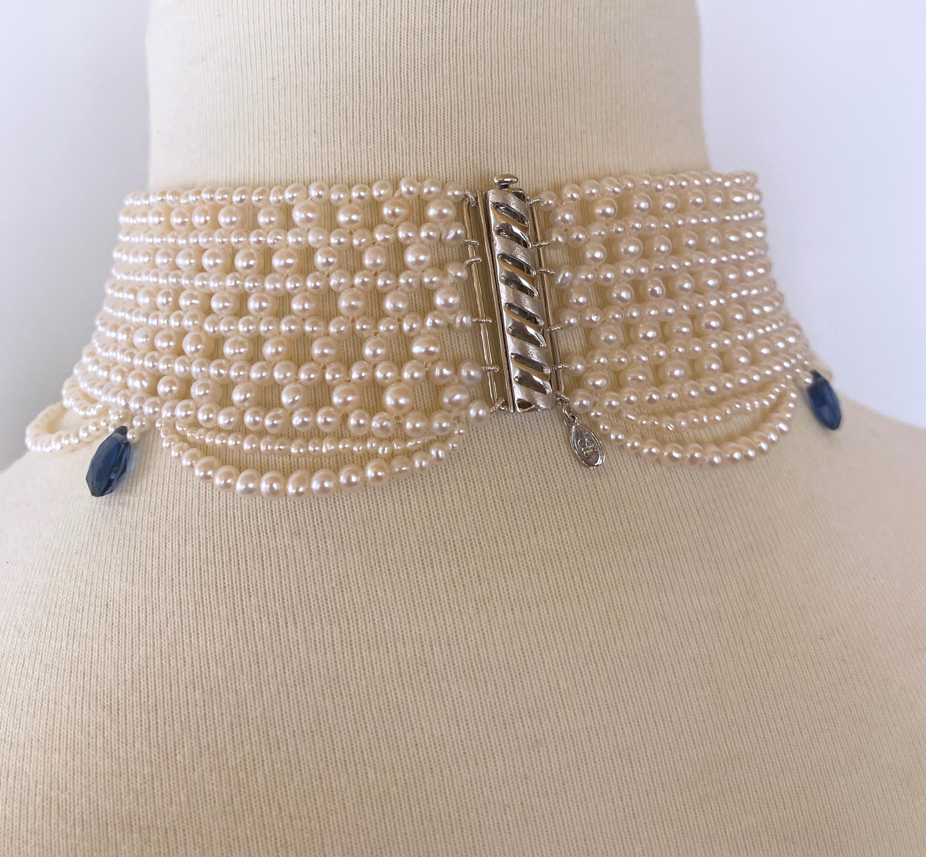 Briolette Cut Marina J Woven Pearl Choker with Pearl Drapes and Kyanite Briolettes For Sale