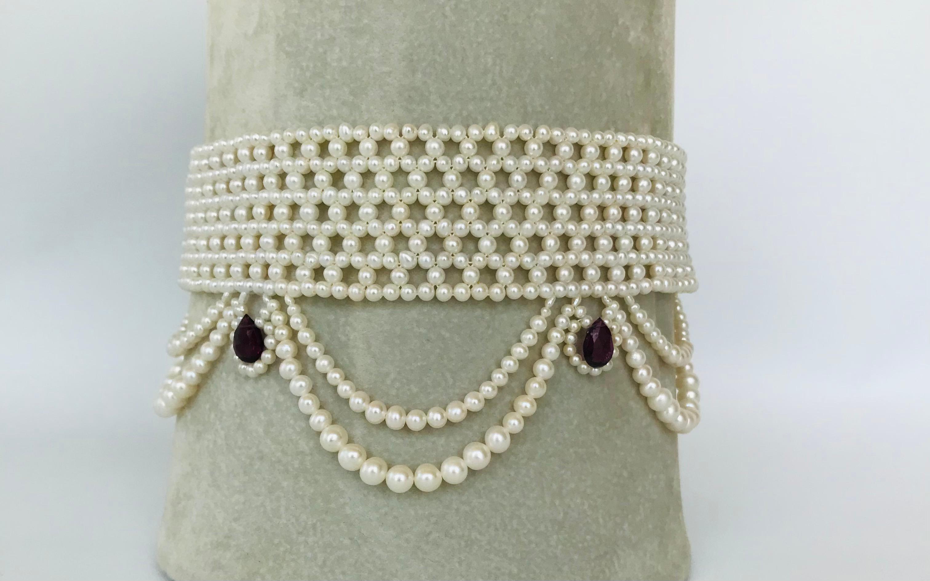 Marina J Woven Pearl Choker with Pearl Drapes, Garnet Briolettes and 14 K Gold 5
