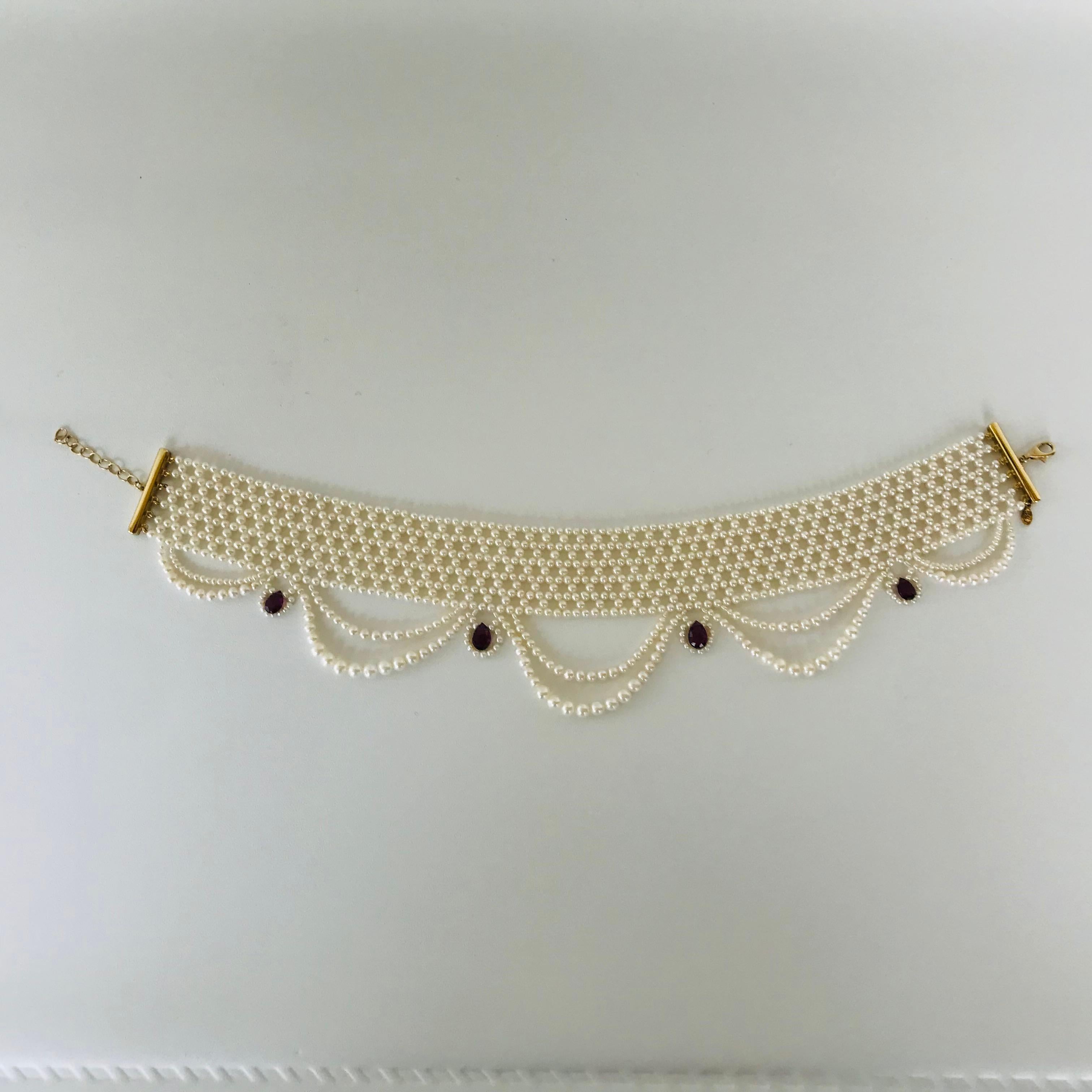Marina J Woven Pearl Choker with Pearl Drapes, Garnet Briolettes and 14 K Gold 7