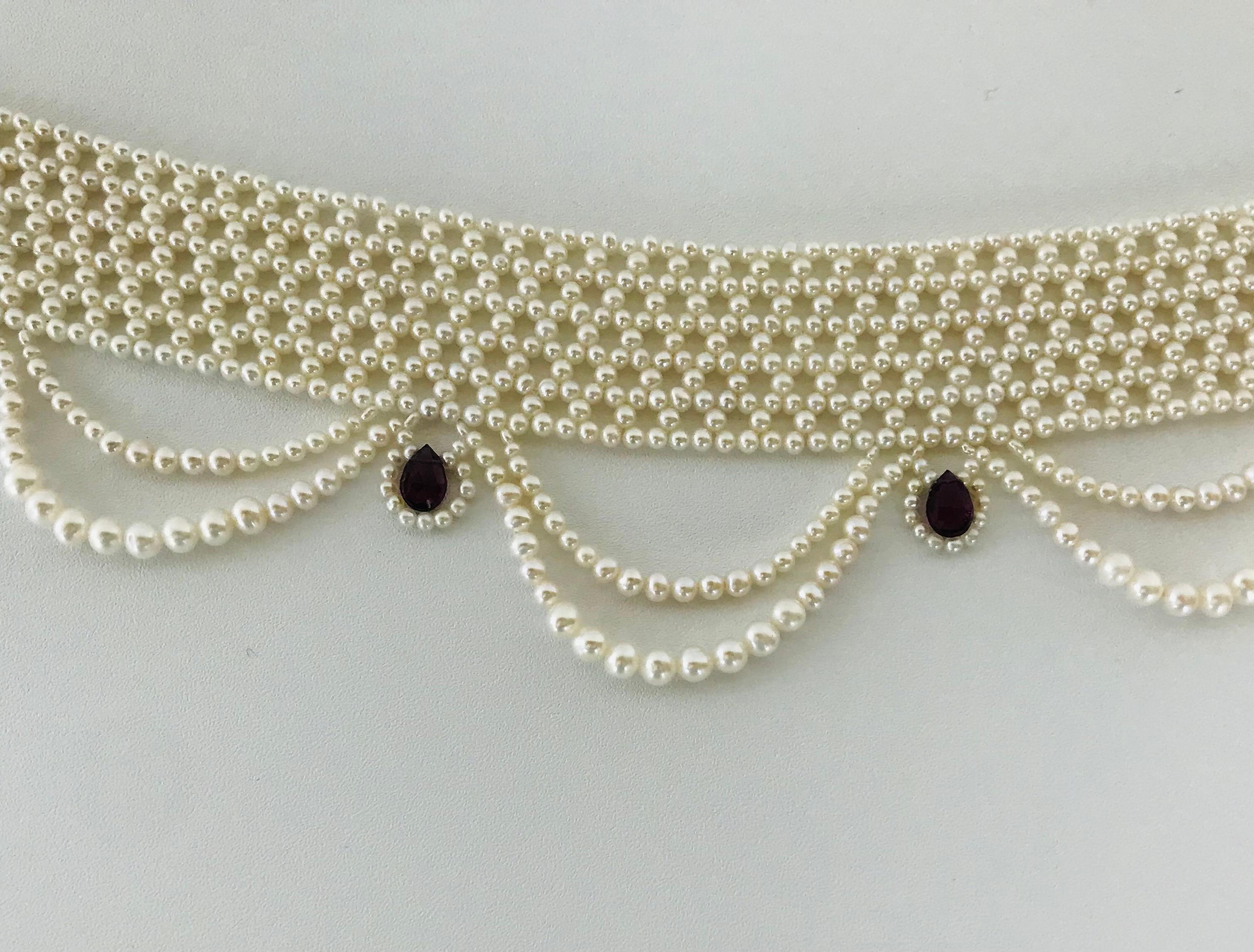 Marina J Woven Pearl Choker with Pearl Drapes, Garnet Briolettes and 14 K Gold 8