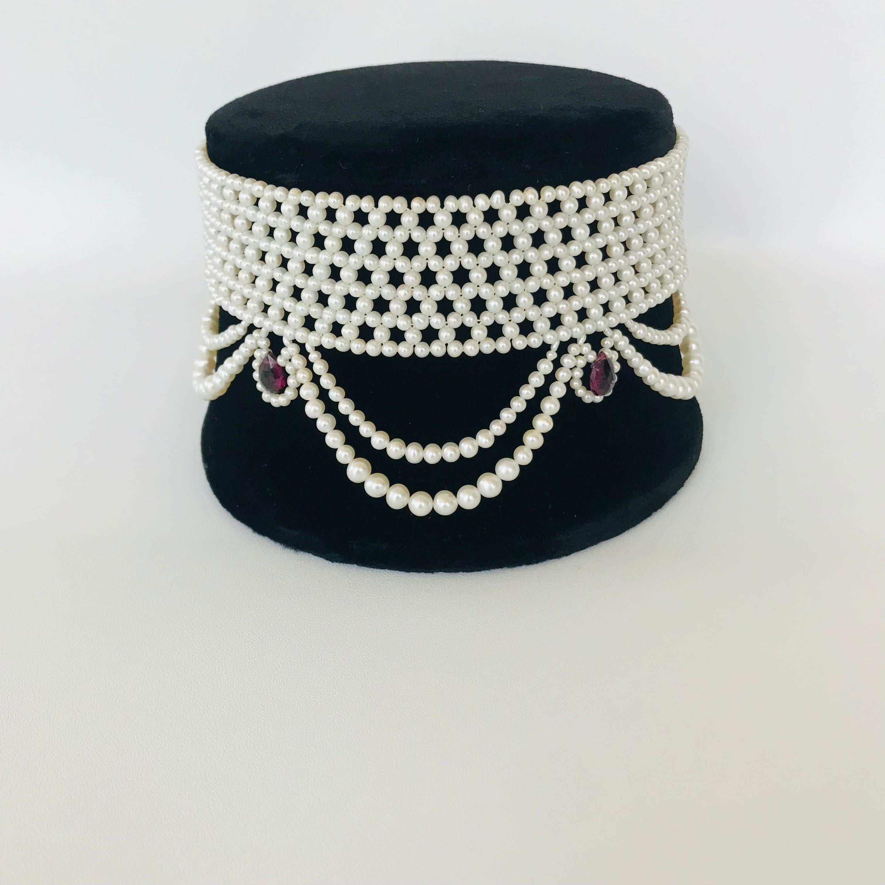 Marina J Woven Pearl Choker with Pearl Drapes, Garnet Briolettes and 14 K Gold 11