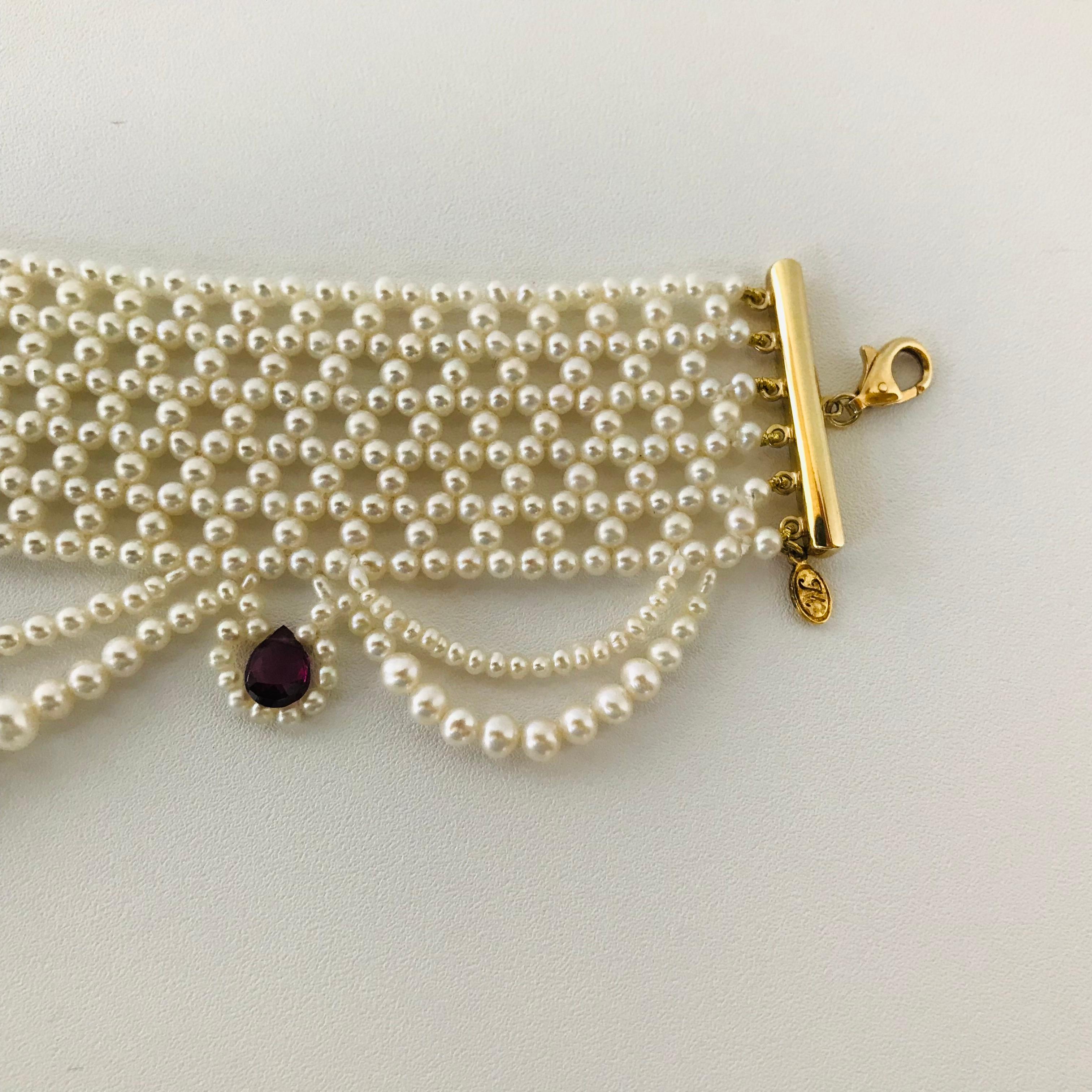 Marina J Woven Pearl Choker with Pearl Drapes, Garnet Briolettes and 14 K Gold 13