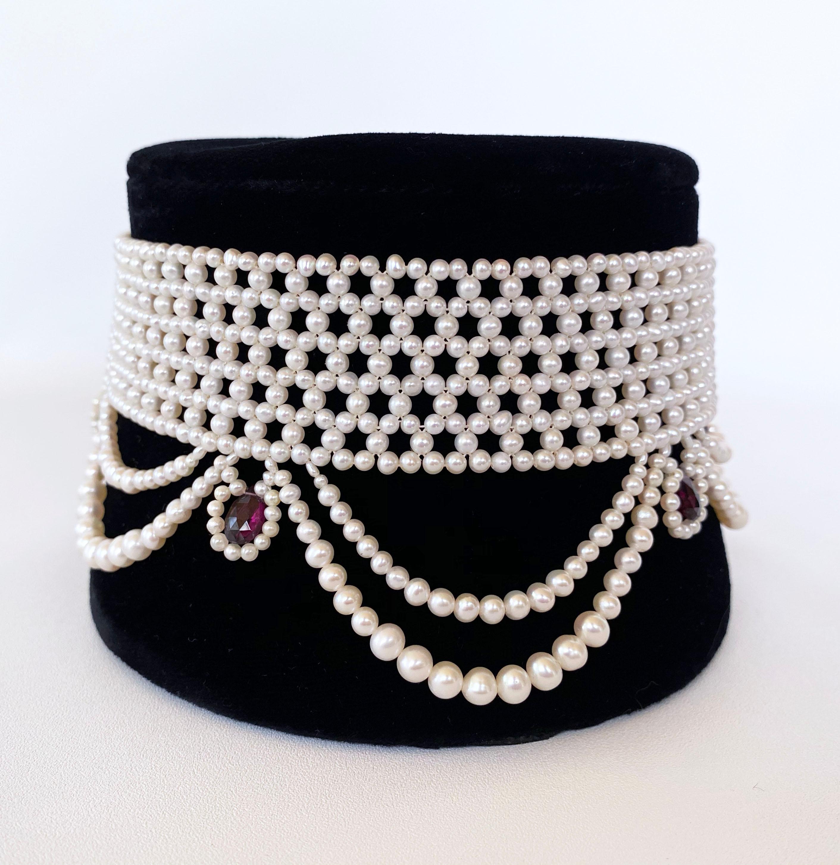 Marina J Woven Pearl Choker with Pearl Drapes, Garnet Briolettes and 14 K Gold 1