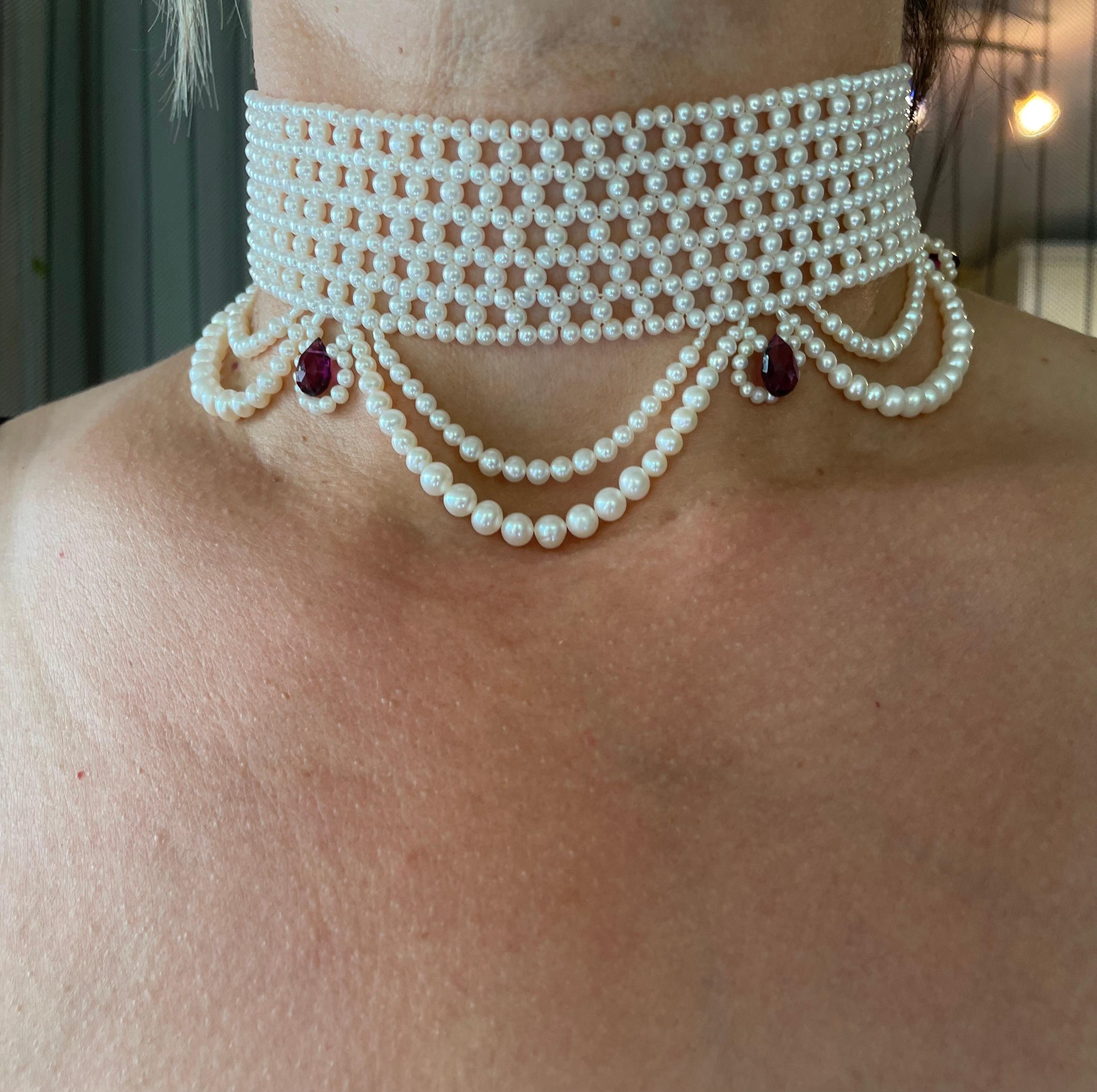 Marina J Woven Pearl Choker with Pearl Drapes, Garnet Briolettes and 14 K Gold In New Condition In Los Angeles, CA