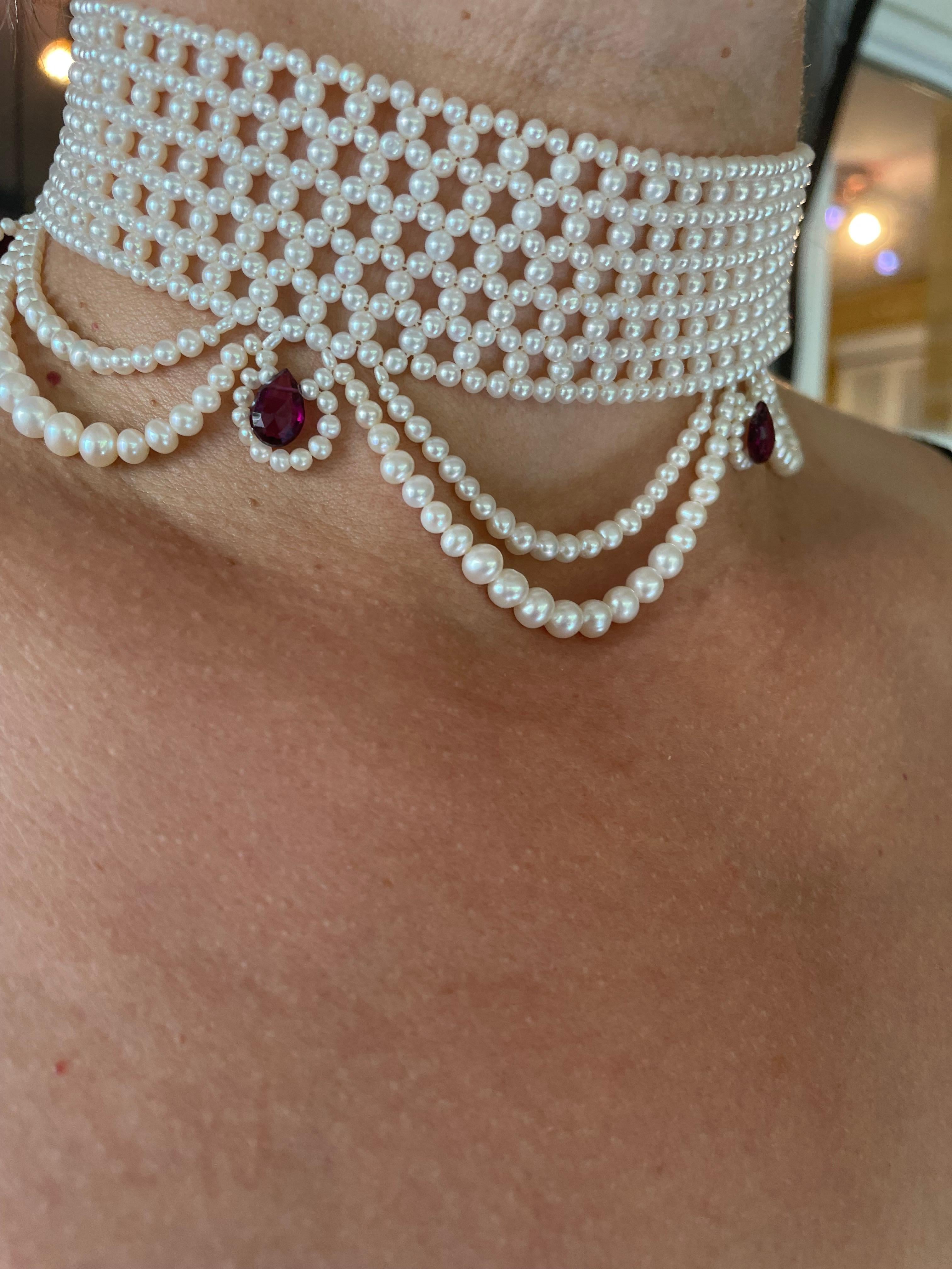 Marina J Woven Pearl Choker with Pearl Drapes, Garnet Briolettes and 14 K Gold 2
