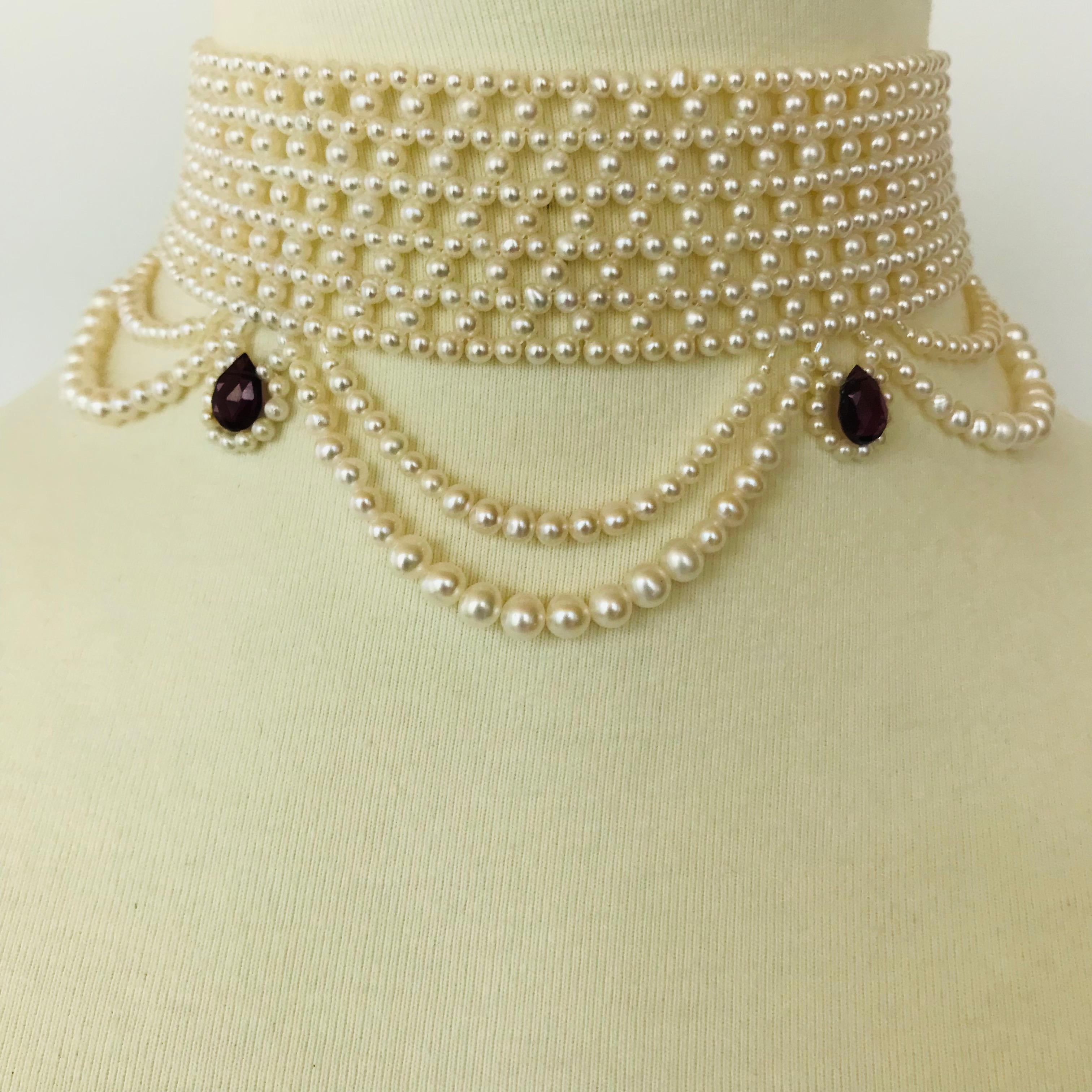 This stunning and romantic Woven Pearl Choker made of  2.5mm - 3 mm Cultured Pearls, is intricately handwoven to create a delicate lace-like design. The choker is tapered in design to fit along the curve of any neckline perfect;y. The graduated