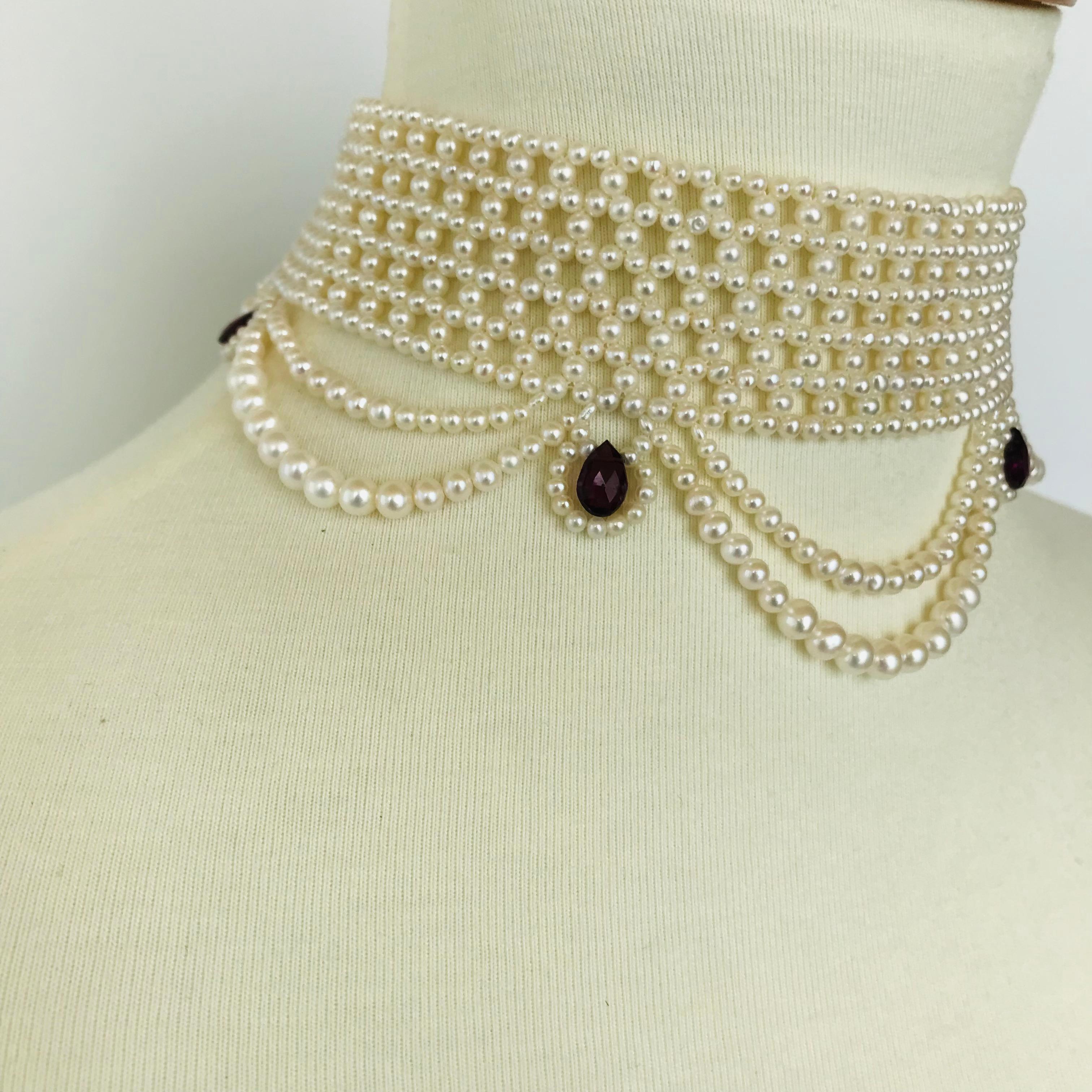 Bead Marina J Woven Pearl Choker with Pearl Drapes, Garnet Briolettes and 14 K Gold