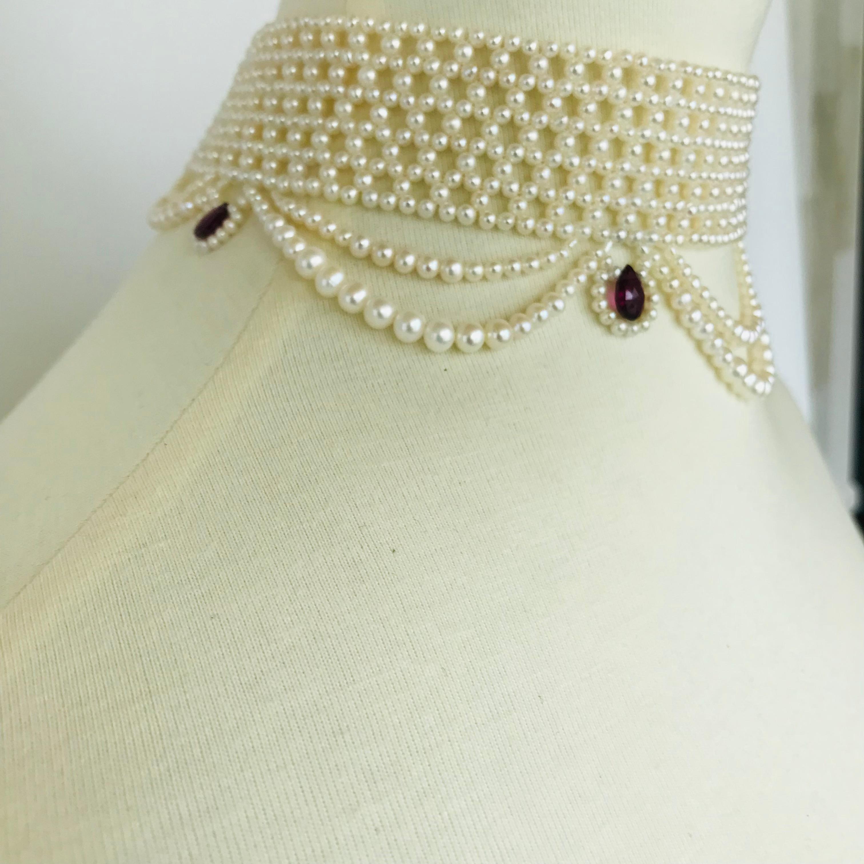 Women's or Men's Marina J Woven Pearl Choker with Pearl Drapes, Garnet Briolettes and 14 K Gold