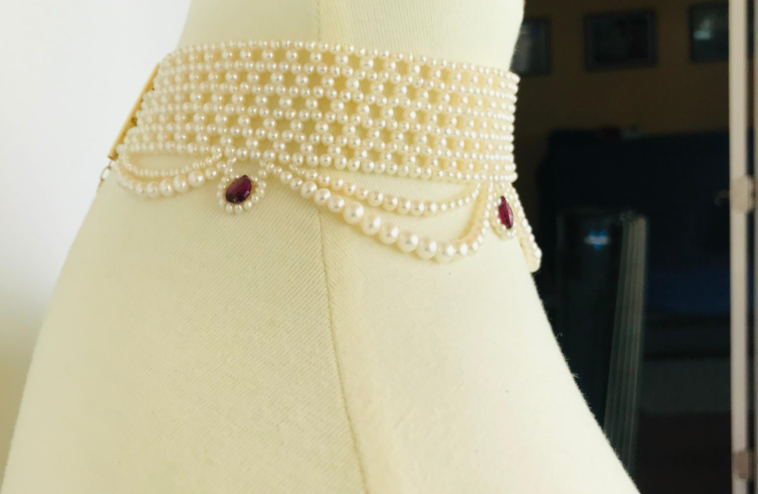 Marina J Woven Pearl Choker with Pearl Drapes, Garnet Briolettes and 14 K Gold 4