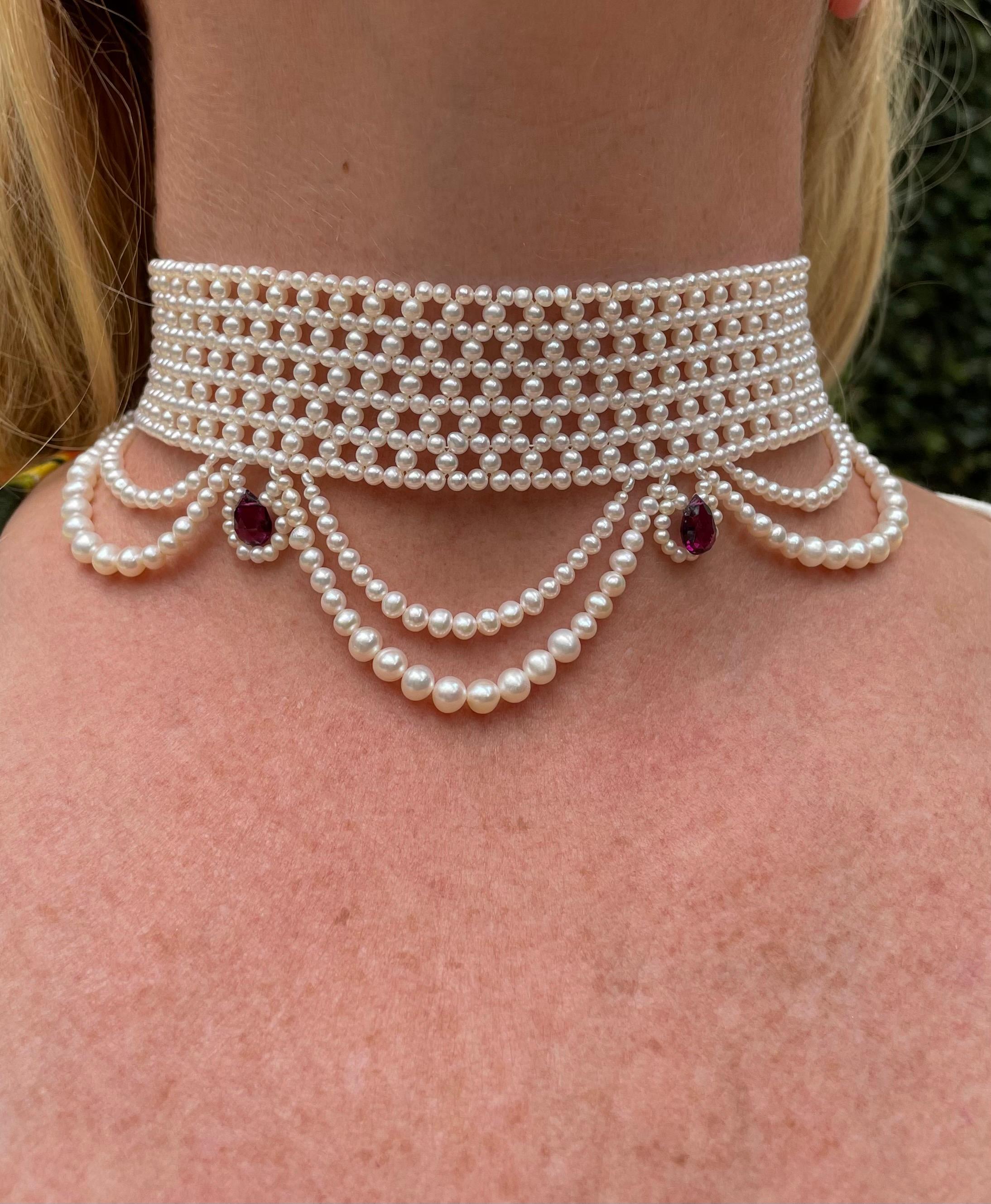 Marina J Woven Pearl Choker with Pearl Drapes, Garnet Briolettes and 14 K Gold 6