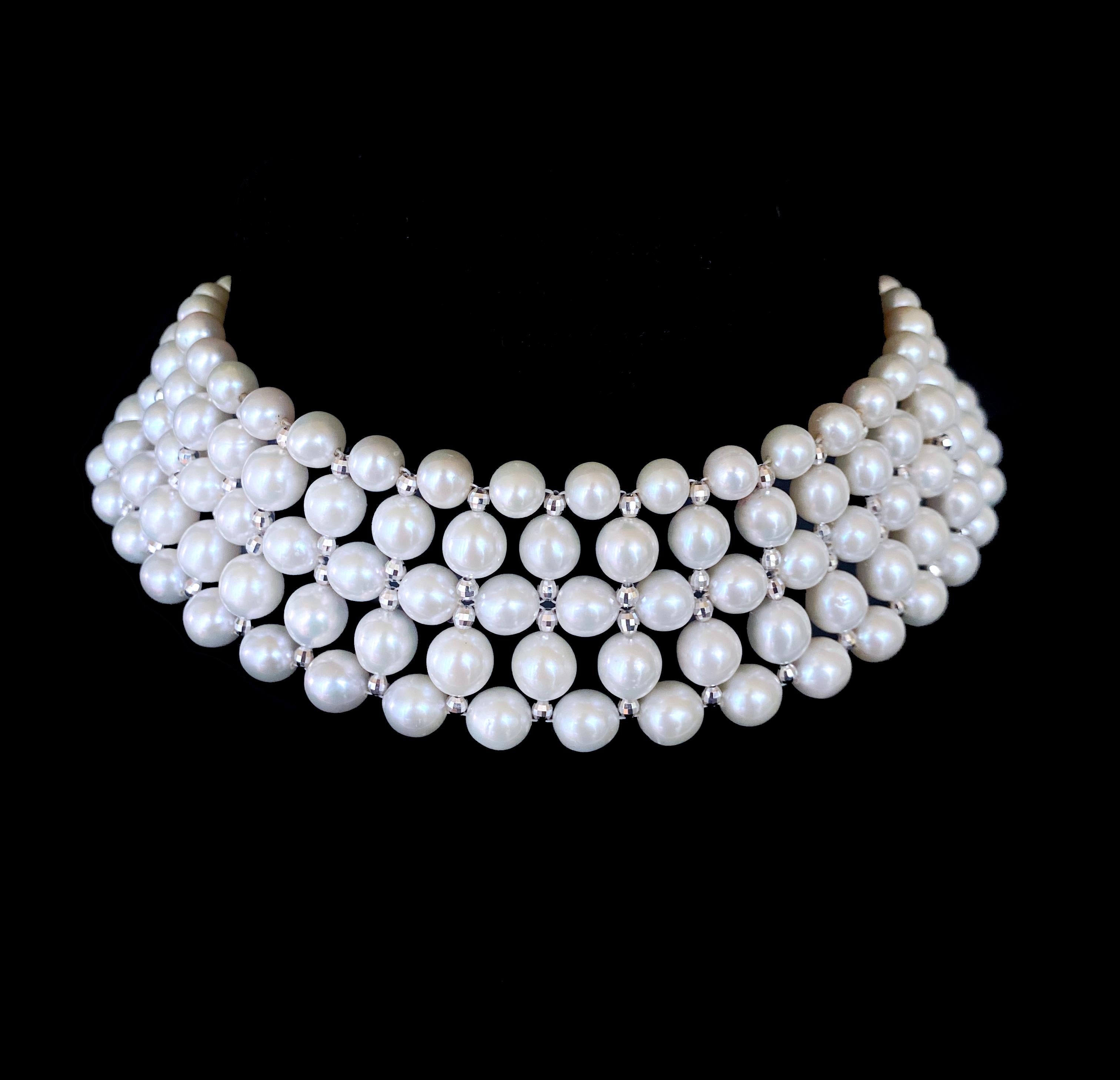 Made by Marina J. This beautiful choker features high luster White Pearls which display a wonderful sheen, all woven together into a beautiful and classic design. Faceted Rhodium Plated Silver beads are woven amongst the Pearls, adorning this