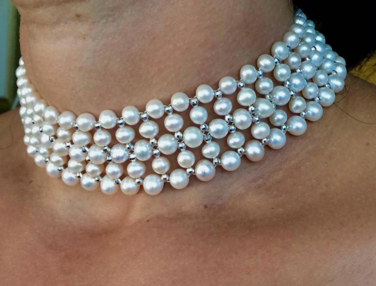 Marina J. Woven Pearl Choker with Silver Rhodium Plated Disco Accents In New Condition For Sale In Los Angeles, CA