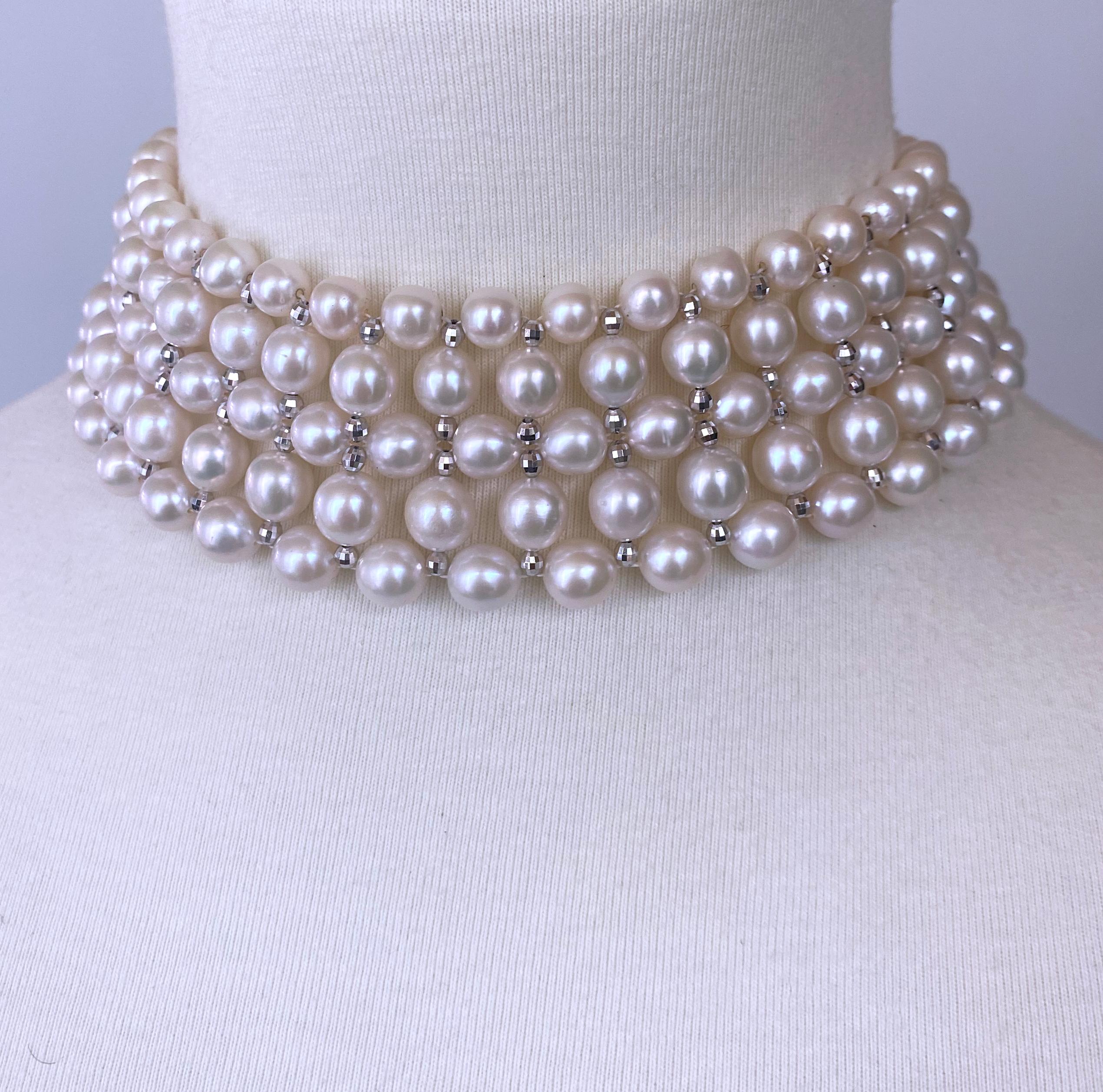 Women's or Men's Marina J. Woven Pearl Choker with Silver Rhodium Plated Disco Accents For Sale