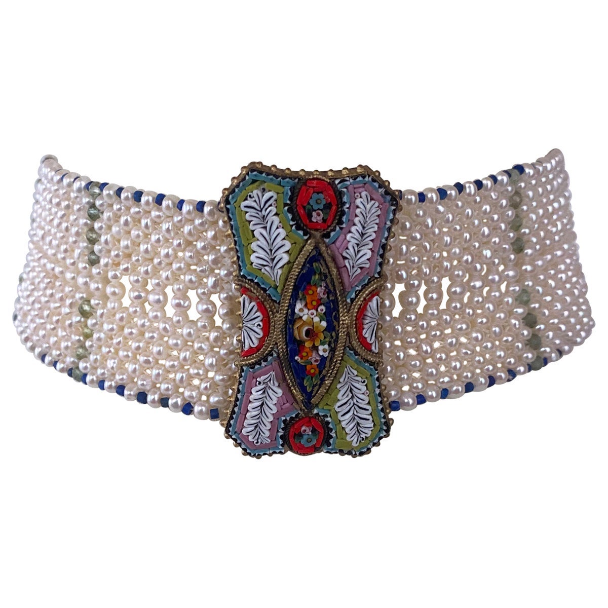 Marina J. Woven Pearl Choker with Vintage Mosaic Centerpiece and Lapis beads