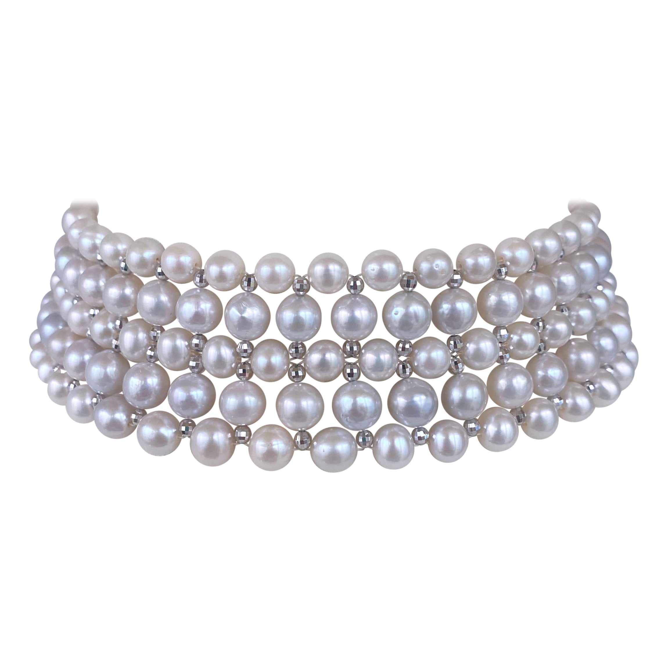 Marina J. Girocollo di perle intrecciate con perline sfaccettate placcate in oro bianco e chiusura a scatto