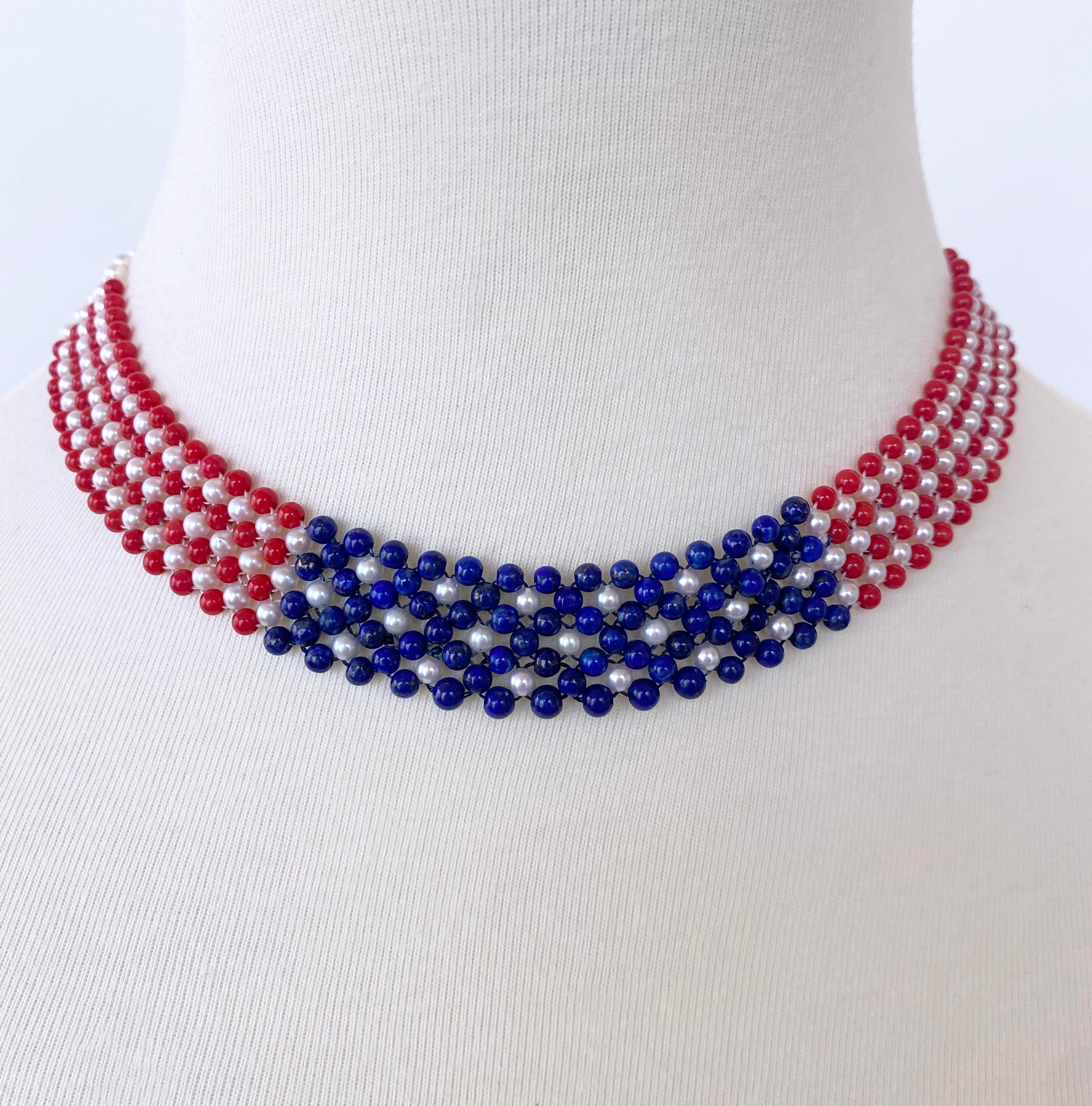 Marina J. Woven Pearl, Coral, & Lapis American Flag Necklace with 14K Gold For Sale 4