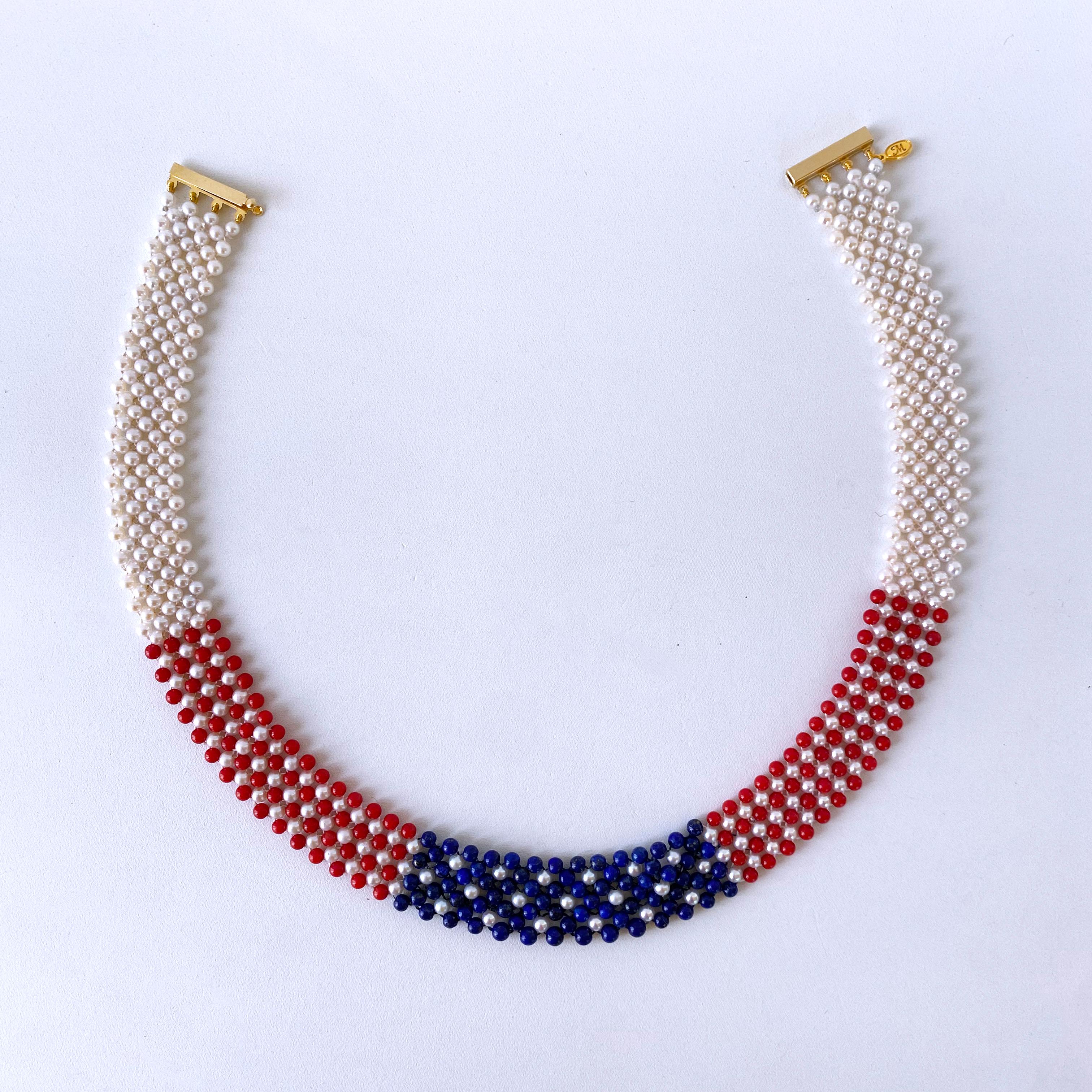 Bead Marina J. Woven Pearl, Coral, & Lapis American Flag Necklace with 14K Gold For Sale