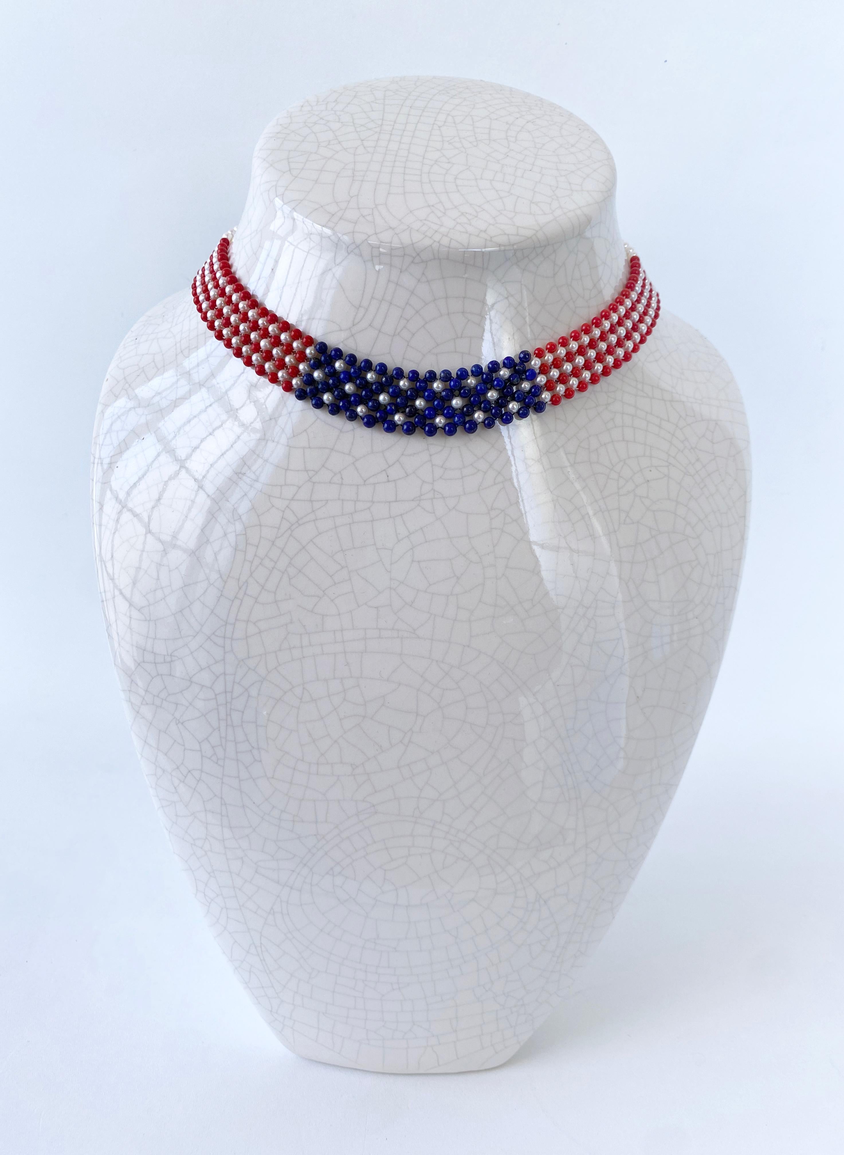 Women's Marina J. Woven Pearl, Coral, & Lapis American Flag Necklace with 14K Gold For Sale