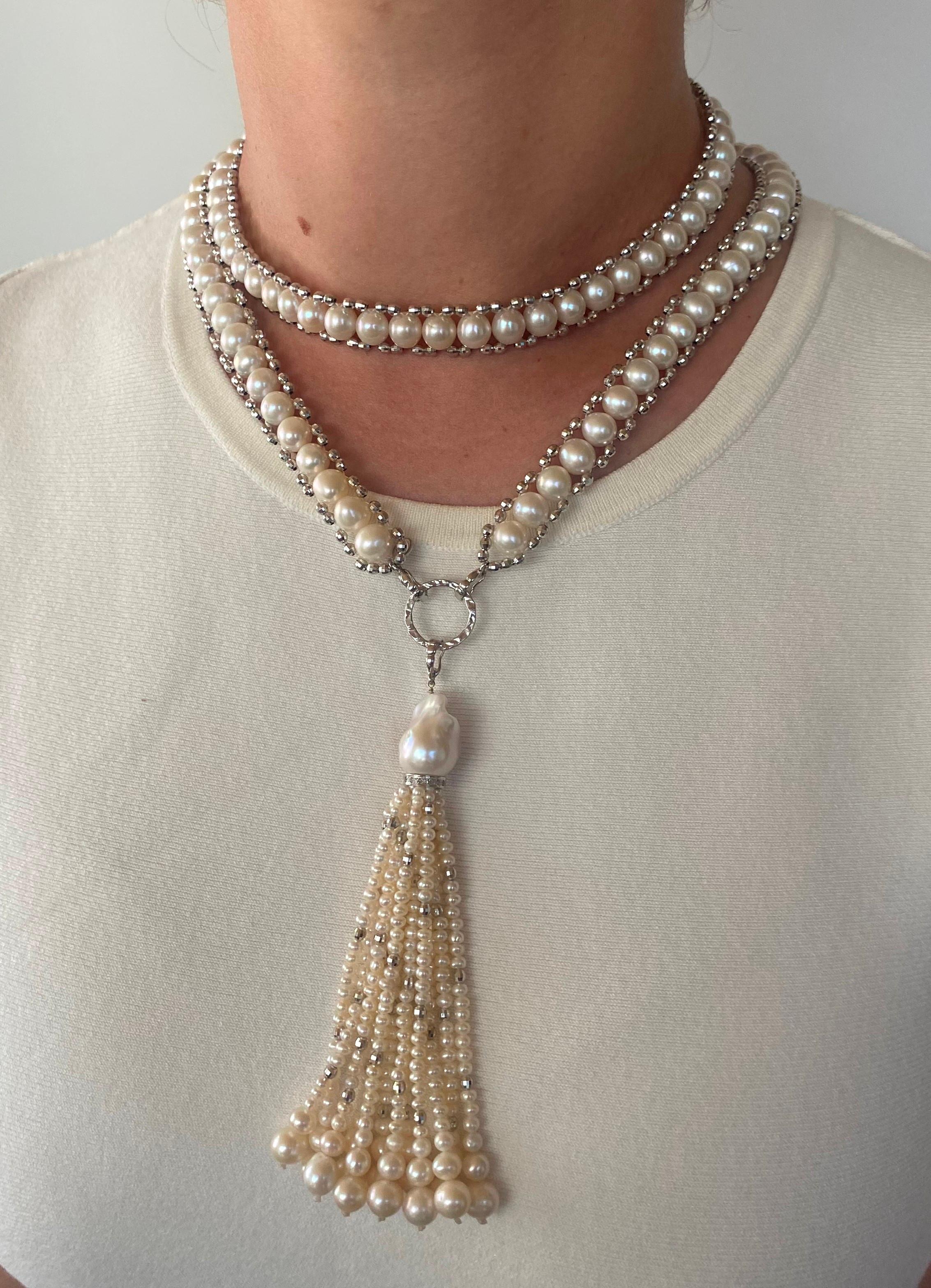 Women's Marina J Woven Pearl 'Disco Shine' Sautoir with Gold , Silver, Diamonds , Tassel For Sale