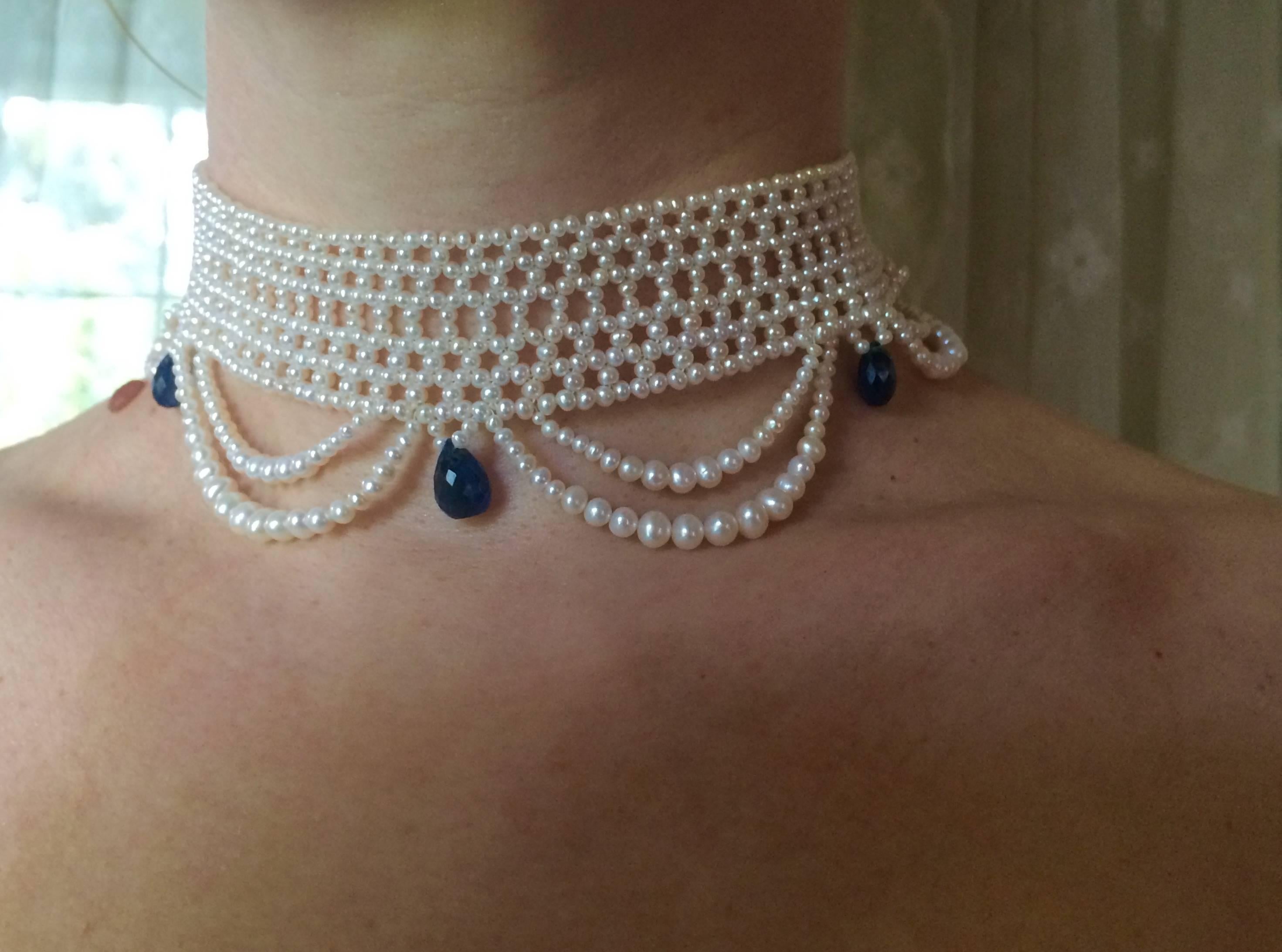 Bead Marina J. Woven Pearl Draped Choker Necklace with Royal Bluye Kyanite Briolets