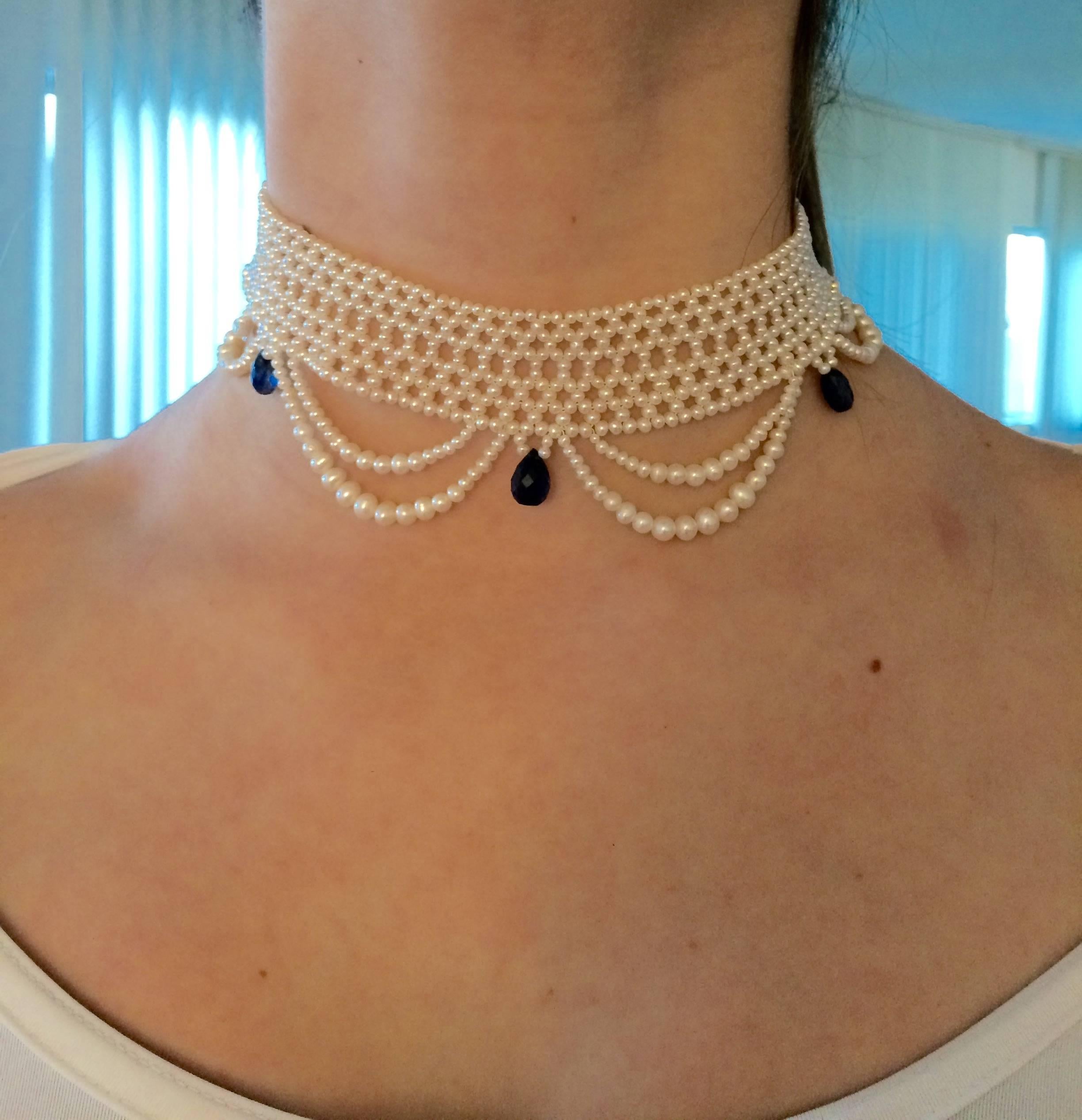 Women's Marina J. Woven Pearl Draped Choker Necklace with Royal Bluye Kyanite Briolets