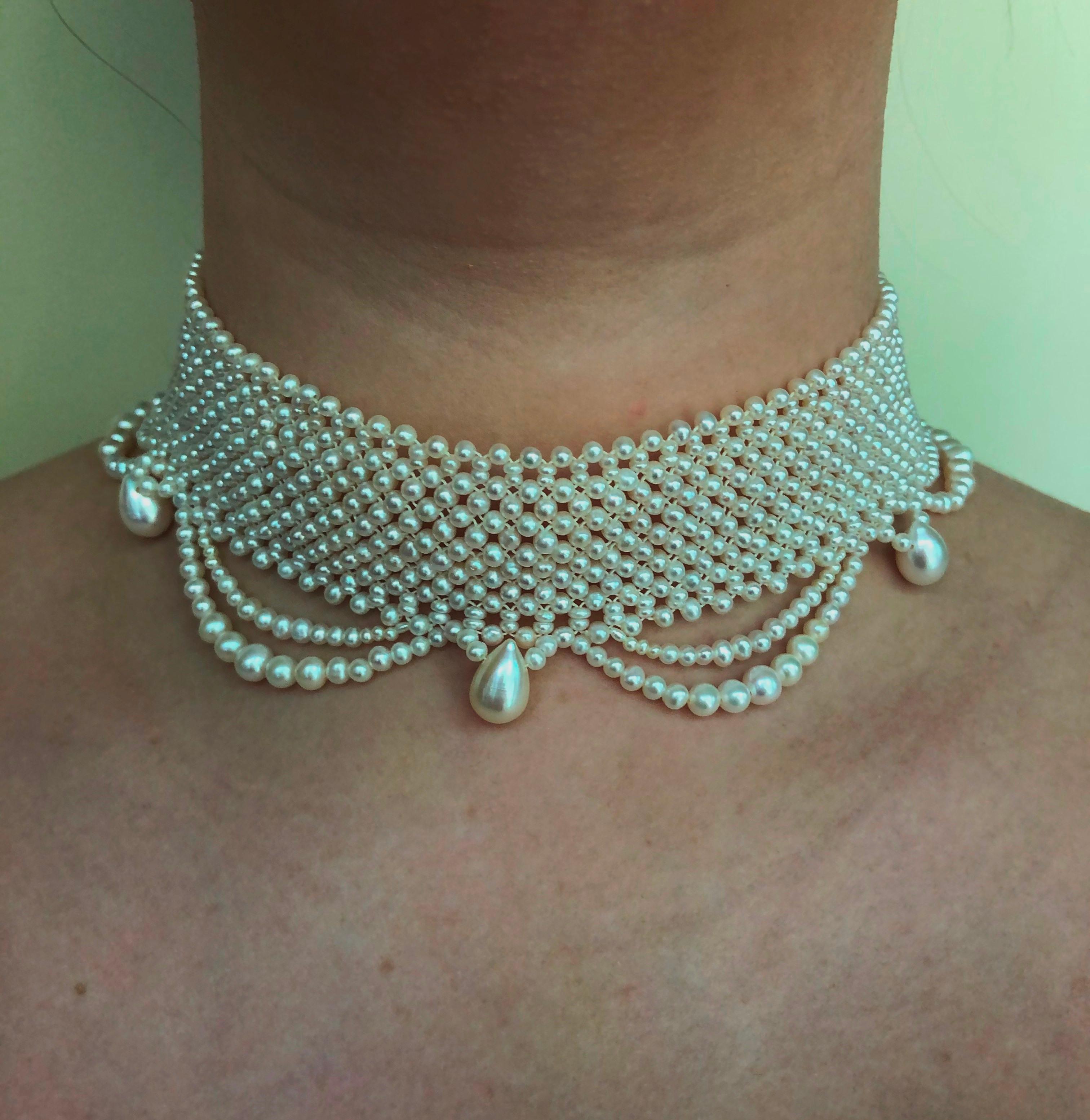 This beautiful handwoven pearl choker has pearls from 2.5mm to 3mm. The necklace is intricately handwoven to create a “lacelike” design.  The Choker is tapered in design to fit along the curve of the neckline. The clasp is made of rhodium plated