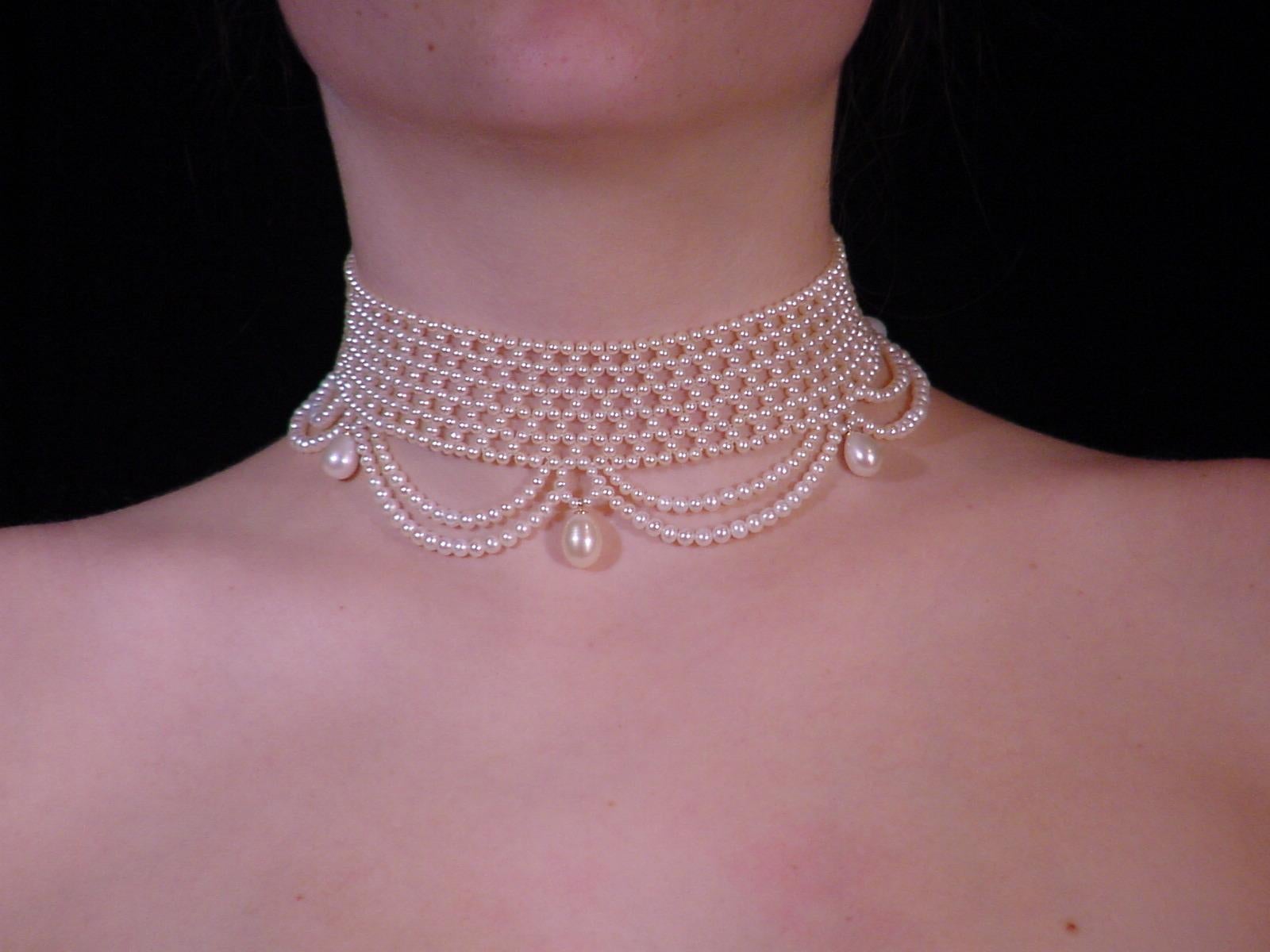 Belle Époque Marina J. Woven Pearl Draped Choker with Pearl Drops and Secure Sliding Clasp For Sale