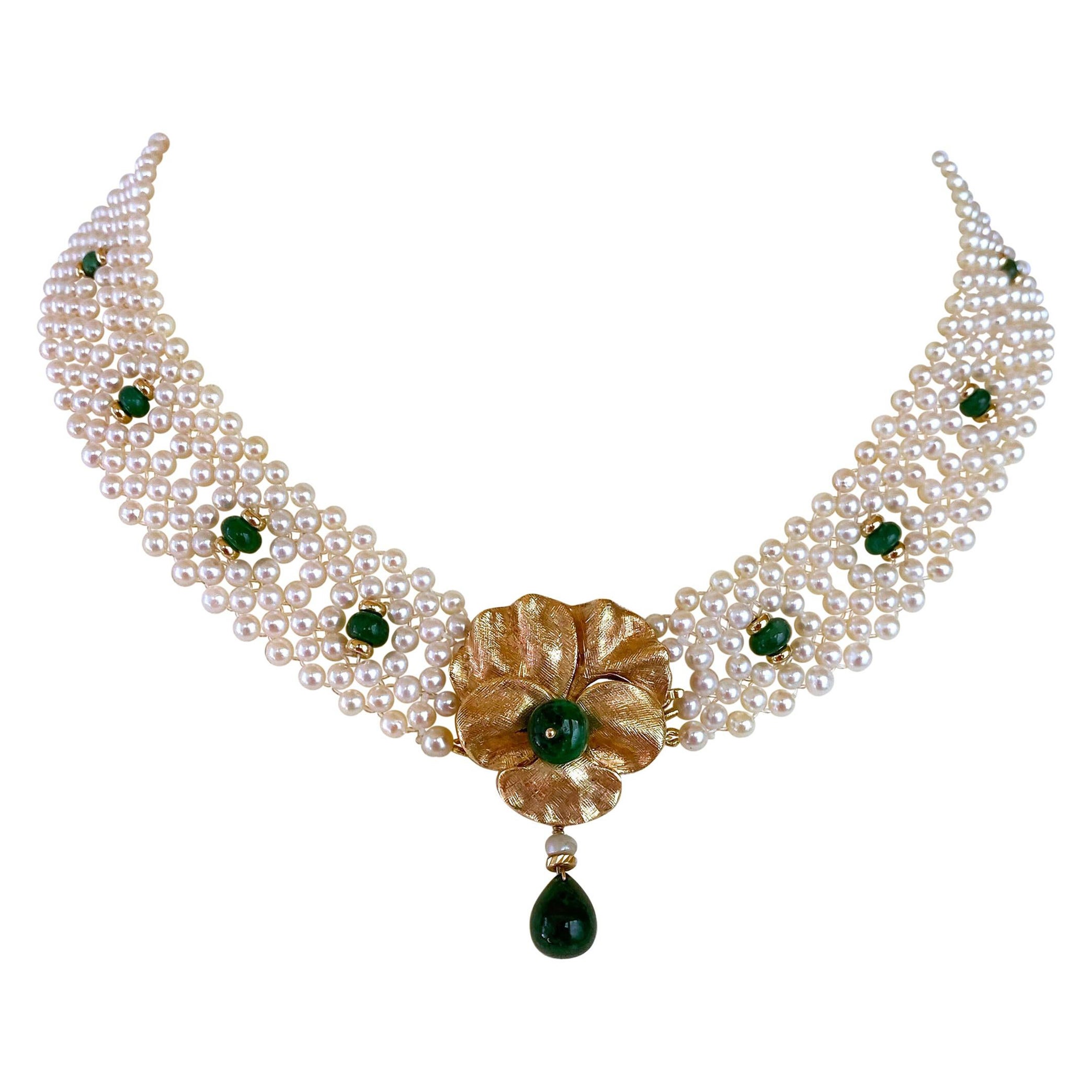 Marina J Gewebte Perle & Smaragd Unendlichkeitshalskette mit Vintage 14k Tafelaufsatz
