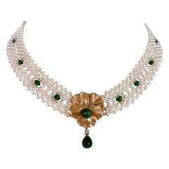 Marina J Gewebte Perle & Smaragd Unendlichkeitshalskette mit Vintage 14k Tafelaufsatz