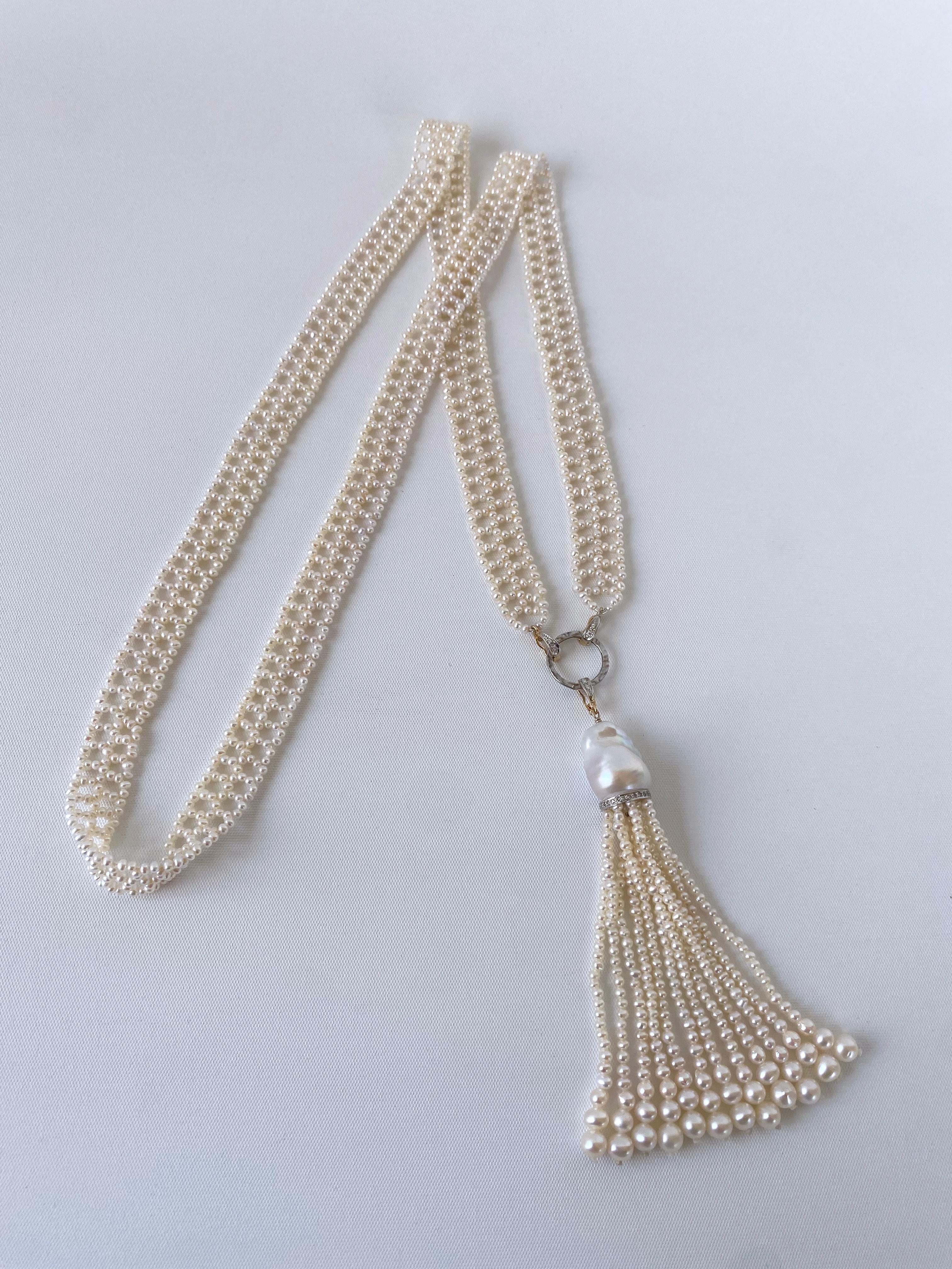 Marina J. Woven Pearl Lace Sautoir with Diamond Encrusted Solid 14k Gold For Sale 4
