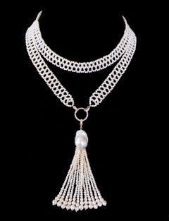 Marina J. Woven Pearl Lace Sautoir with Diamond Encrusted Solid 14k Gold