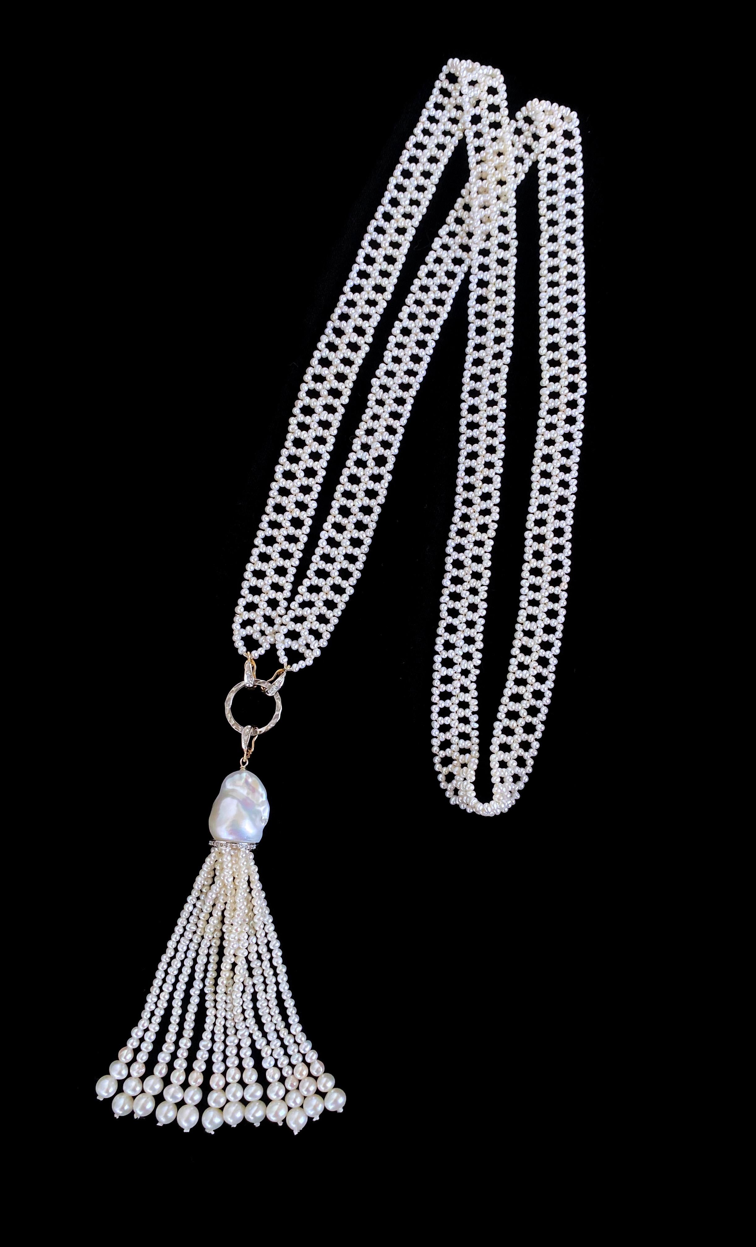 Marina J., gewebtes Perlenspitzen-Sautoir aus massivem 14k Gold mit Diamanten besetzt (Kunsthandwerker*in) im Angebot