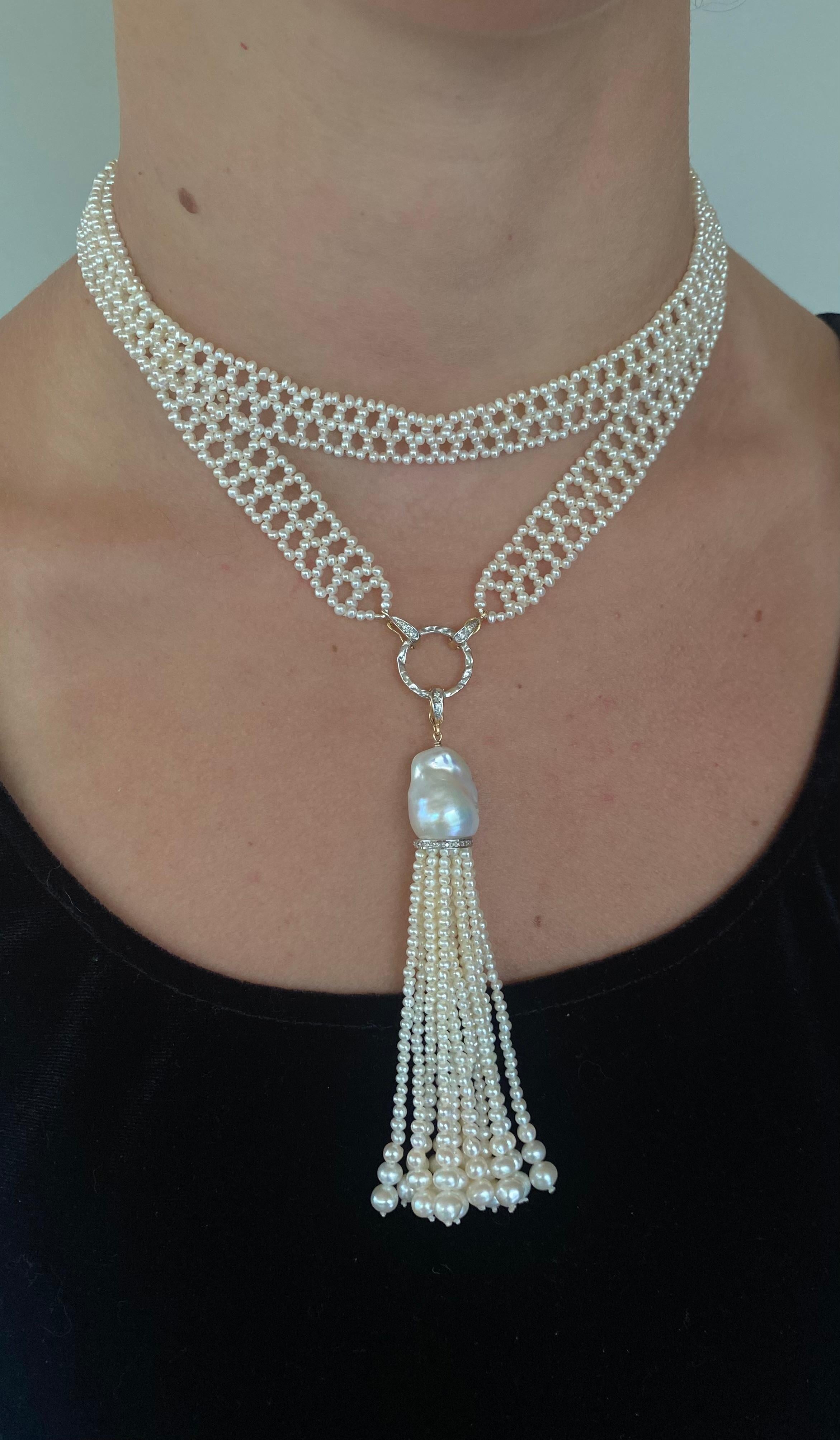 Marina J., gewebtes Perlenspitzen-Sautoir aus massivem 14k Gold mit Diamanten besetzt (Kissenschliff) im Angebot