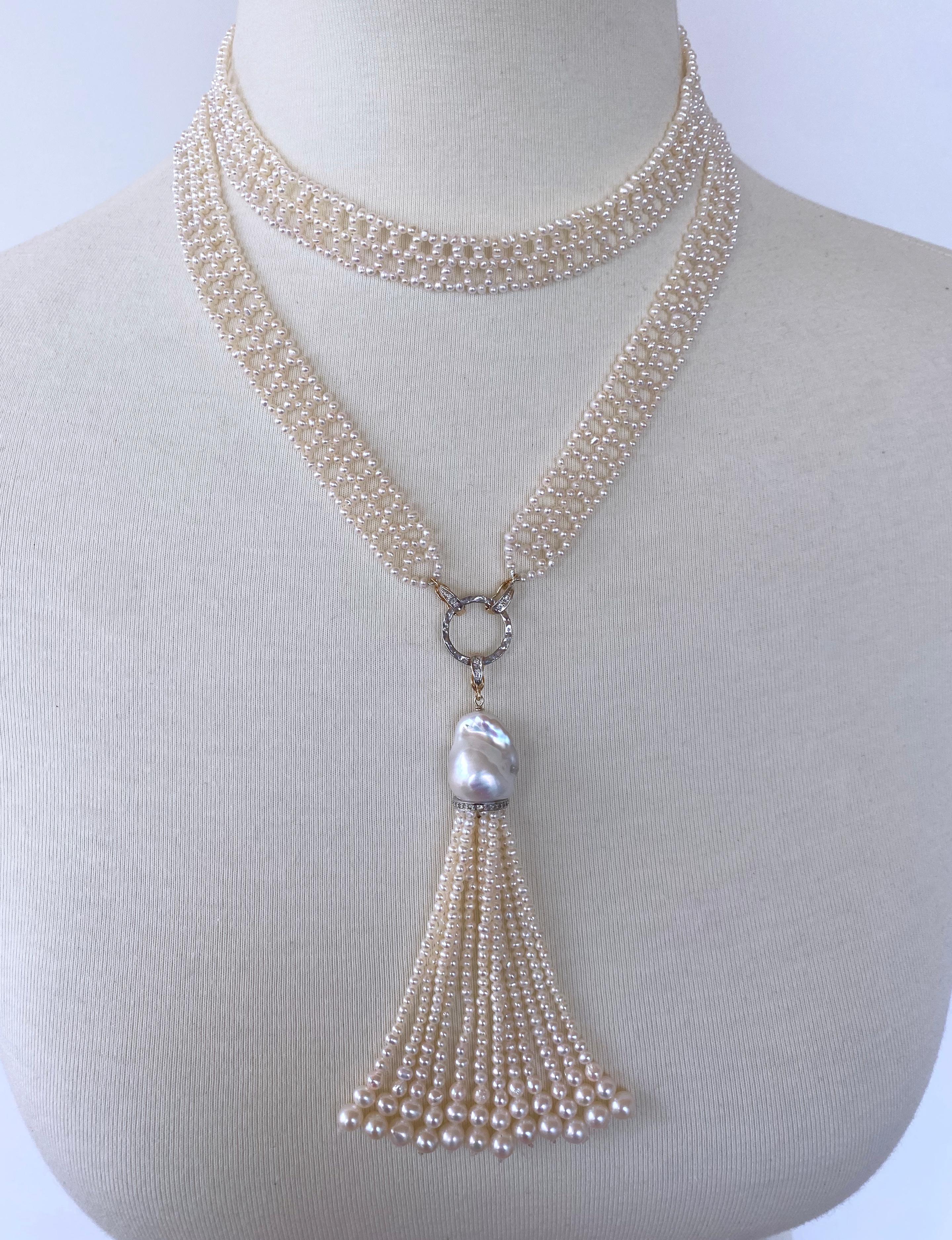 Artisan Marina J. Woven Pearl Lace Sautoir with Diamond Encrusted Solid 14k Gold For Sale