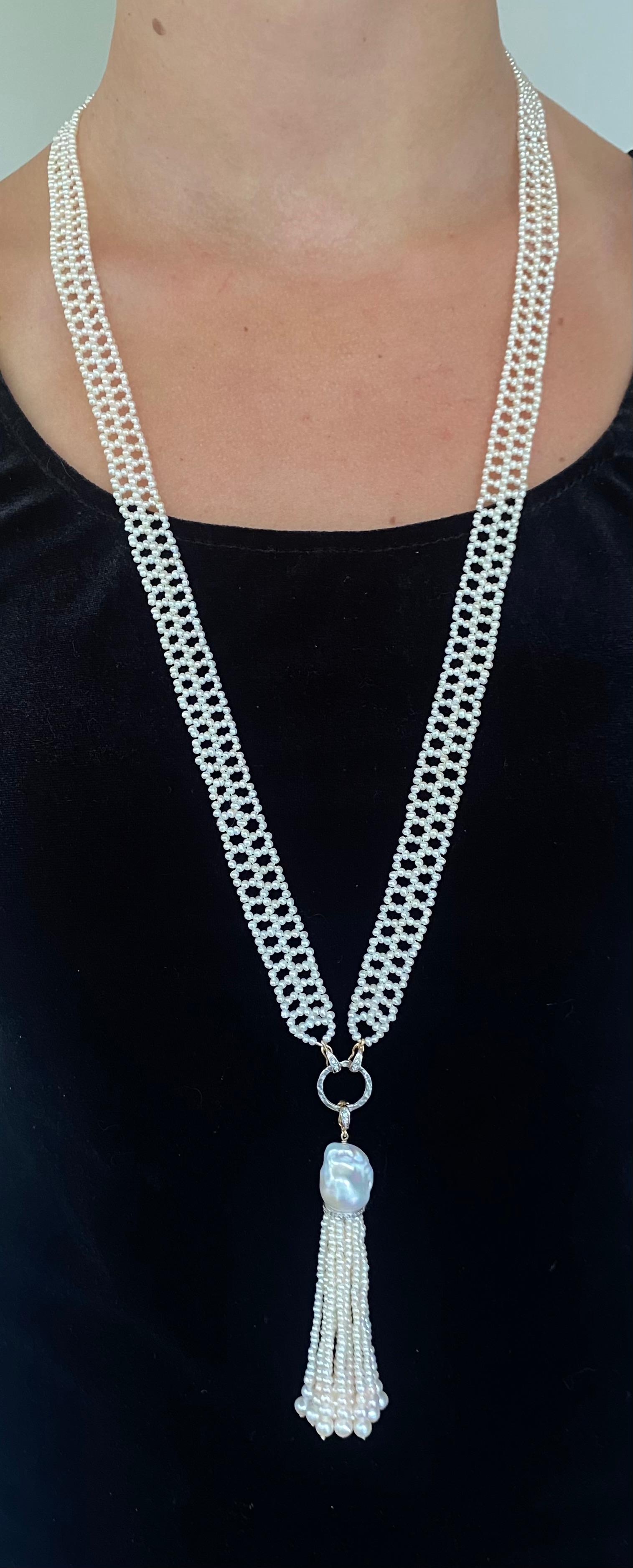 Marina J. Woven Pearl Lace Sautoir with Diamond Encrusted Solid 14k Gold In New Condition For Sale In Los Angeles, CA