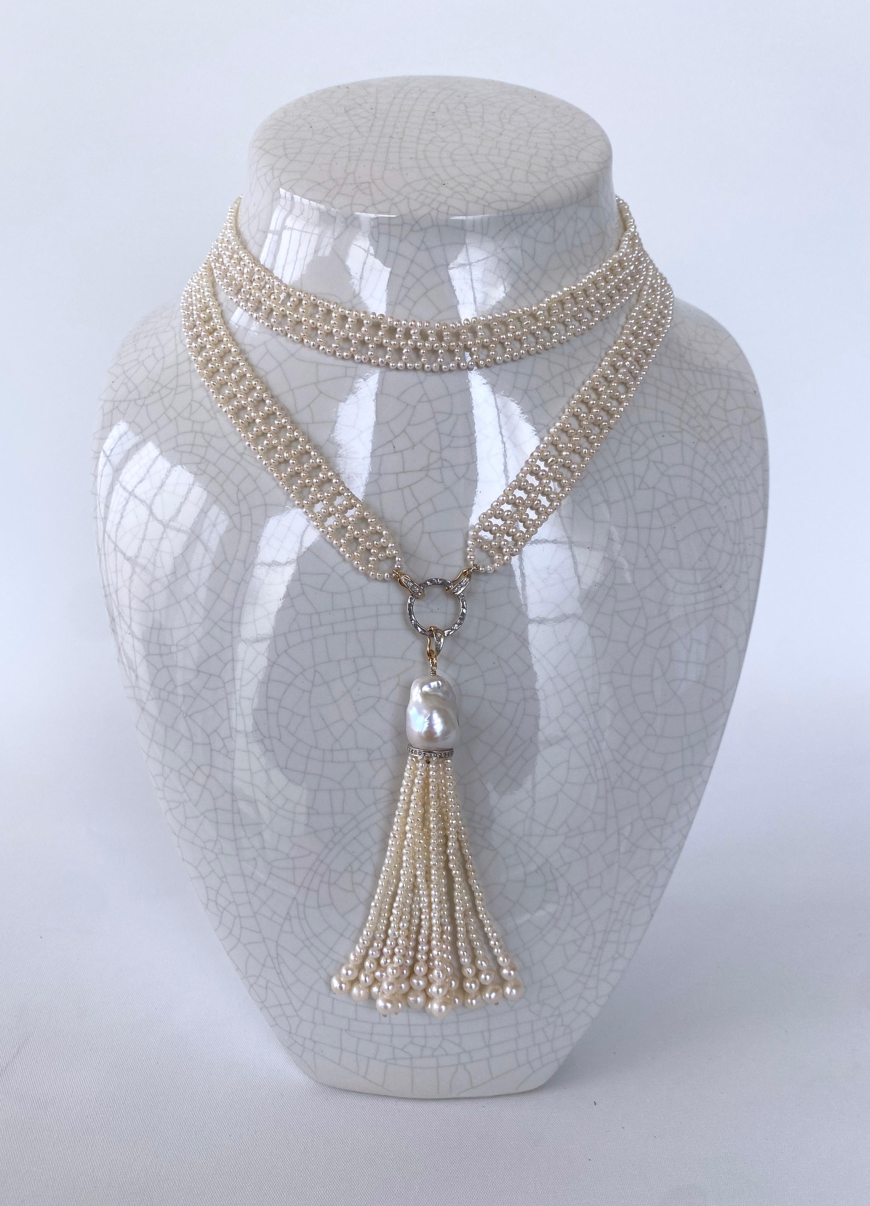 Marina J. Woven Pearl Lace Sautoir with Diamond Encrusted Solid 14k Gold For Sale 2