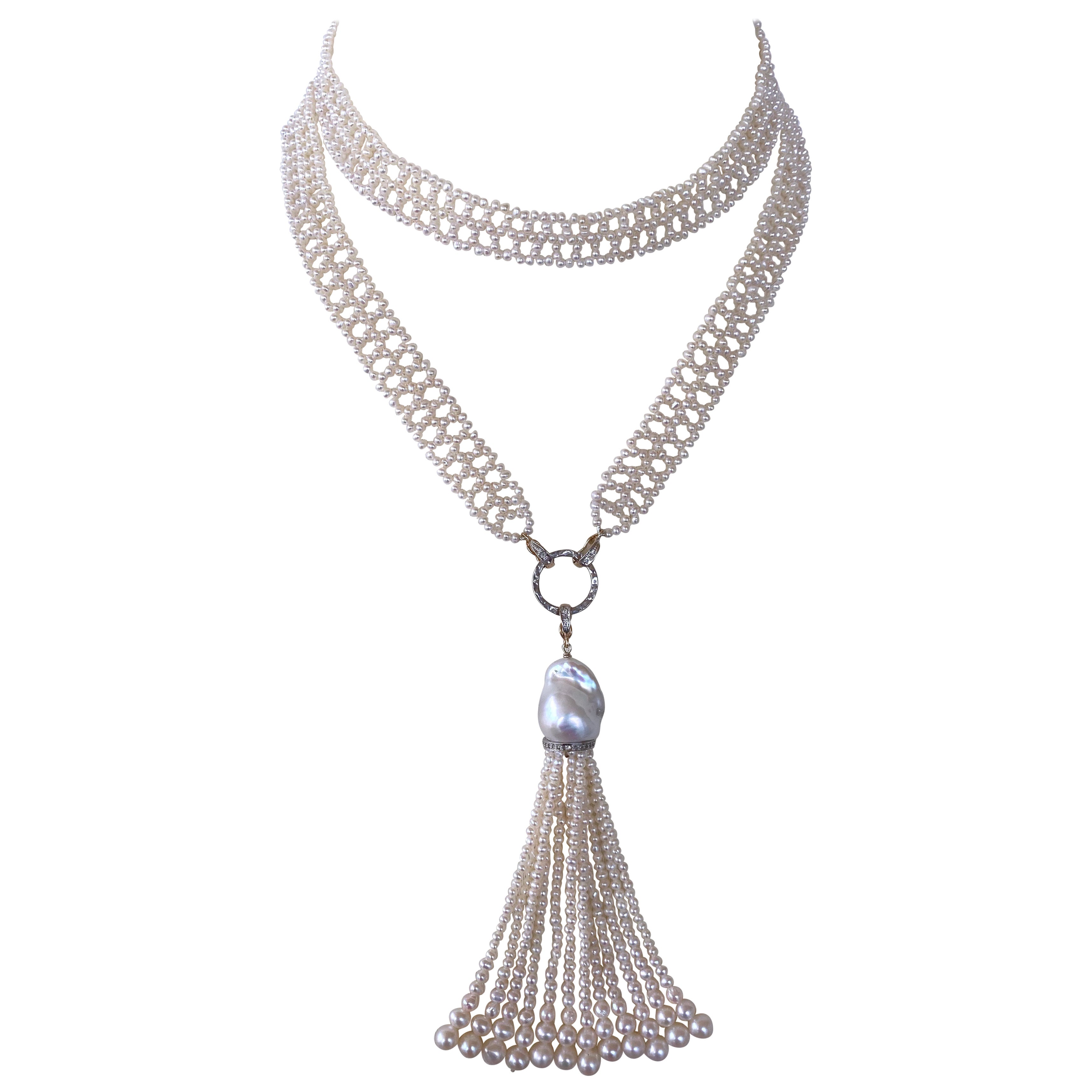 Marina J. Sautoir en dentelle de perles tissée et incrustée de diamants en or massif 14 carats