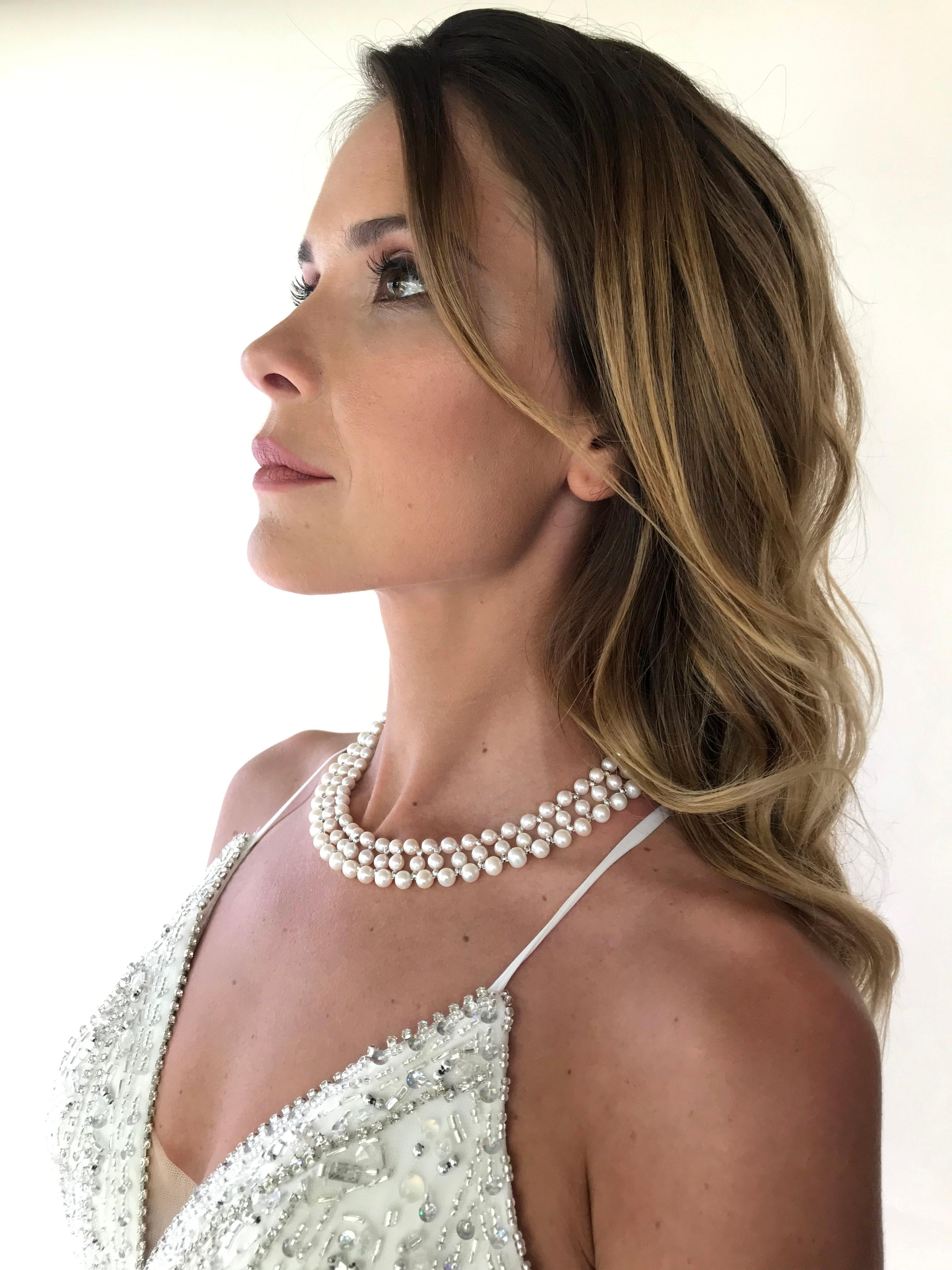 Marina J Woven Pearl Necklace with 14 K White Gold Faceted Beads and Clasp For Sale 2