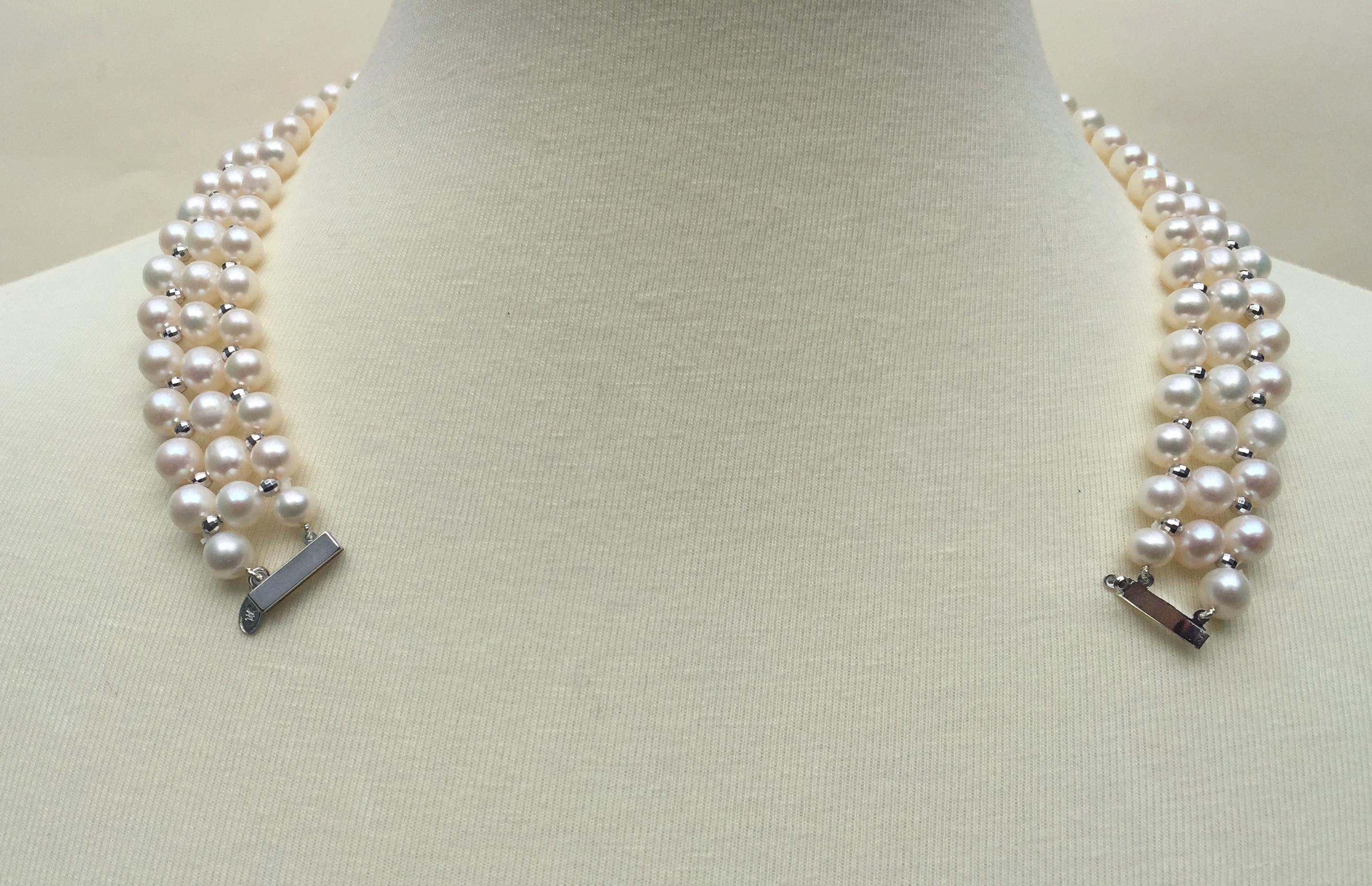 Artist Marina J Woven Pearl Necklace with 14 K White Gold Faceted Beads and Clasp For Sale