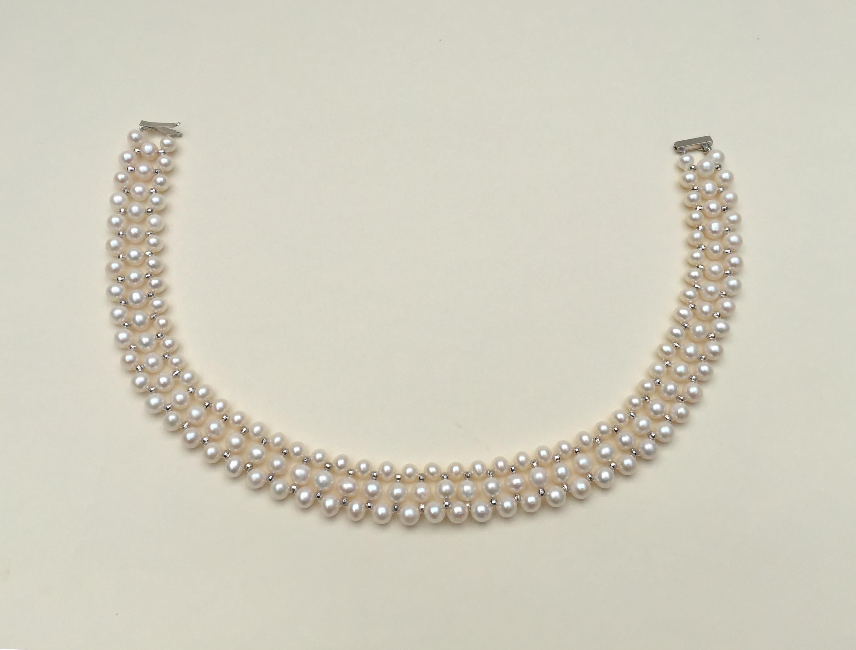 Marina J Woven Pearl Necklace with 14 K White Gold Faceted Beads and Clasp In New Condition For Sale In Los Angeles, CA