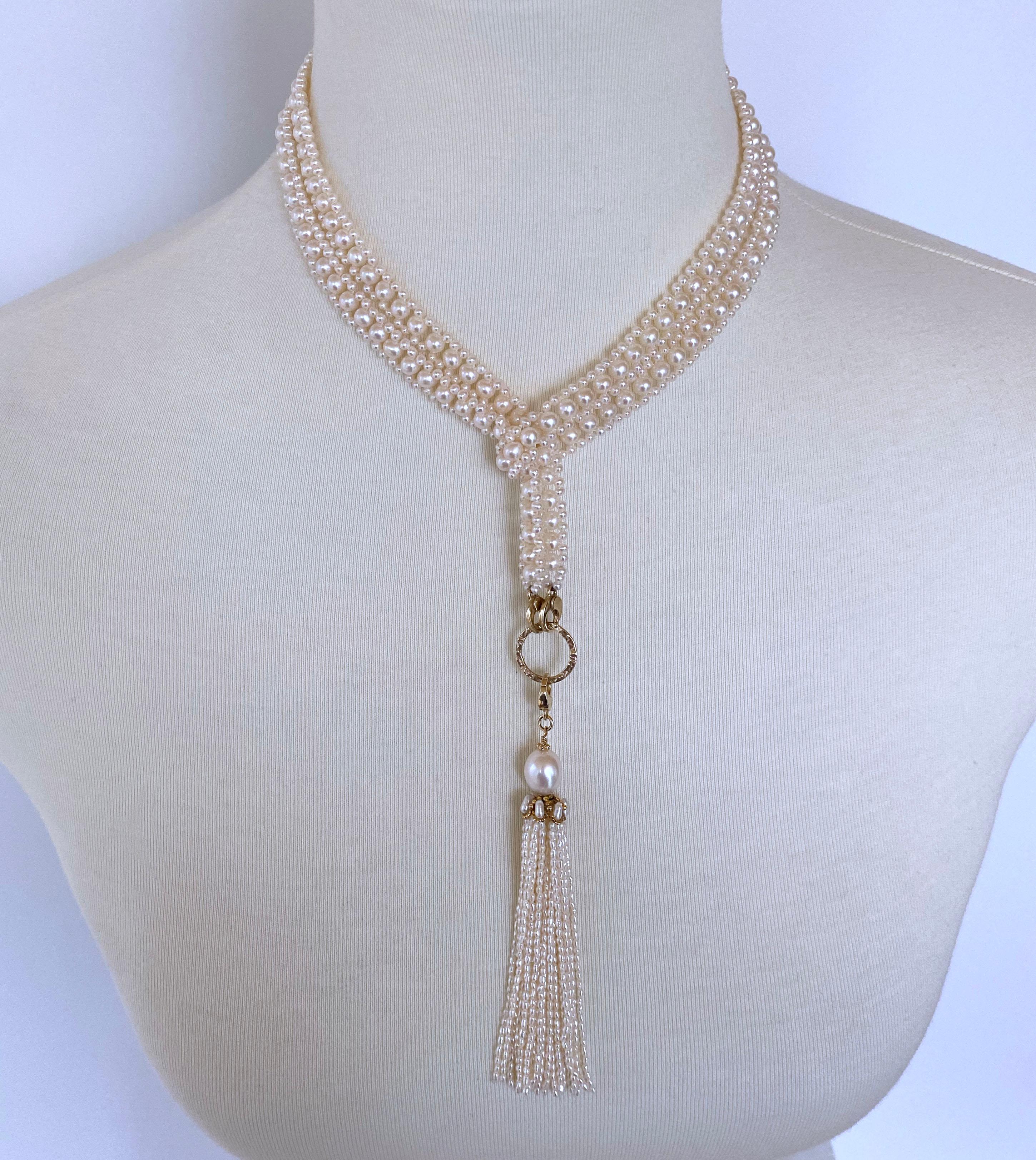 Artisan Marina J. Woven Pearl Sautoir with 14k Gold Ring & Removable Pearl Tassel For Sale