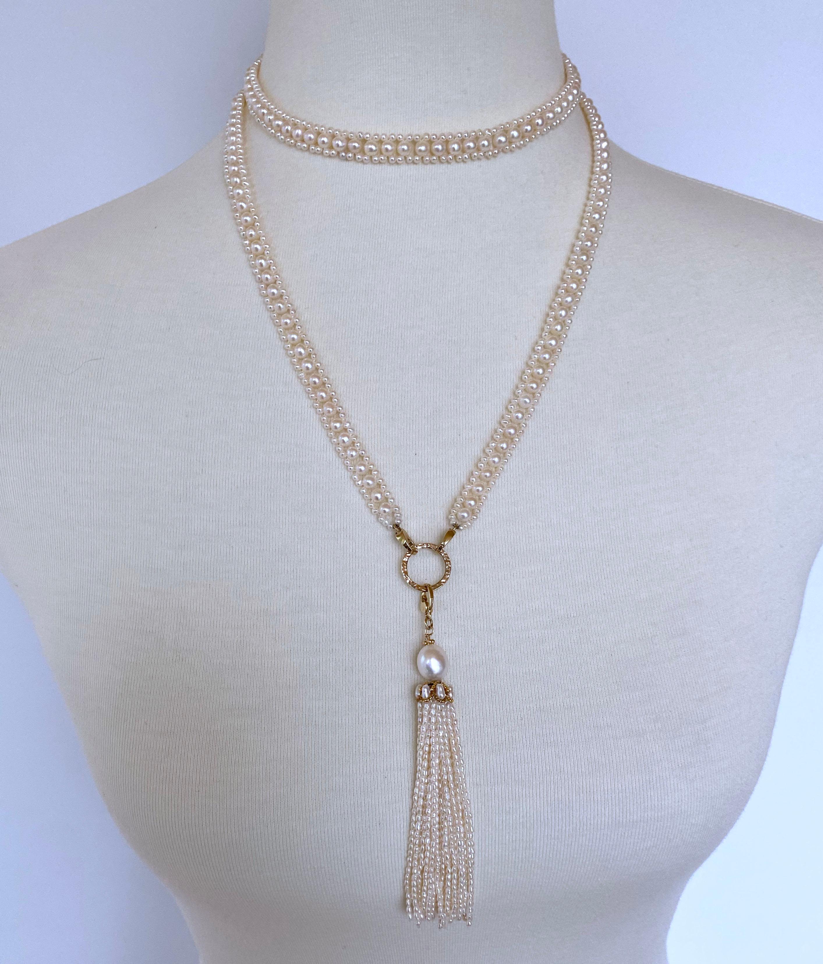 Beautiful Sautoir, all hand woven by Marina J. This Sautoir is made using high luster white Pearls (2mm and 4mm Pearls) . Measuring 42 inches long, this Sautoir is versatile able to be worn in multiple ways as shown in images. Each end of this