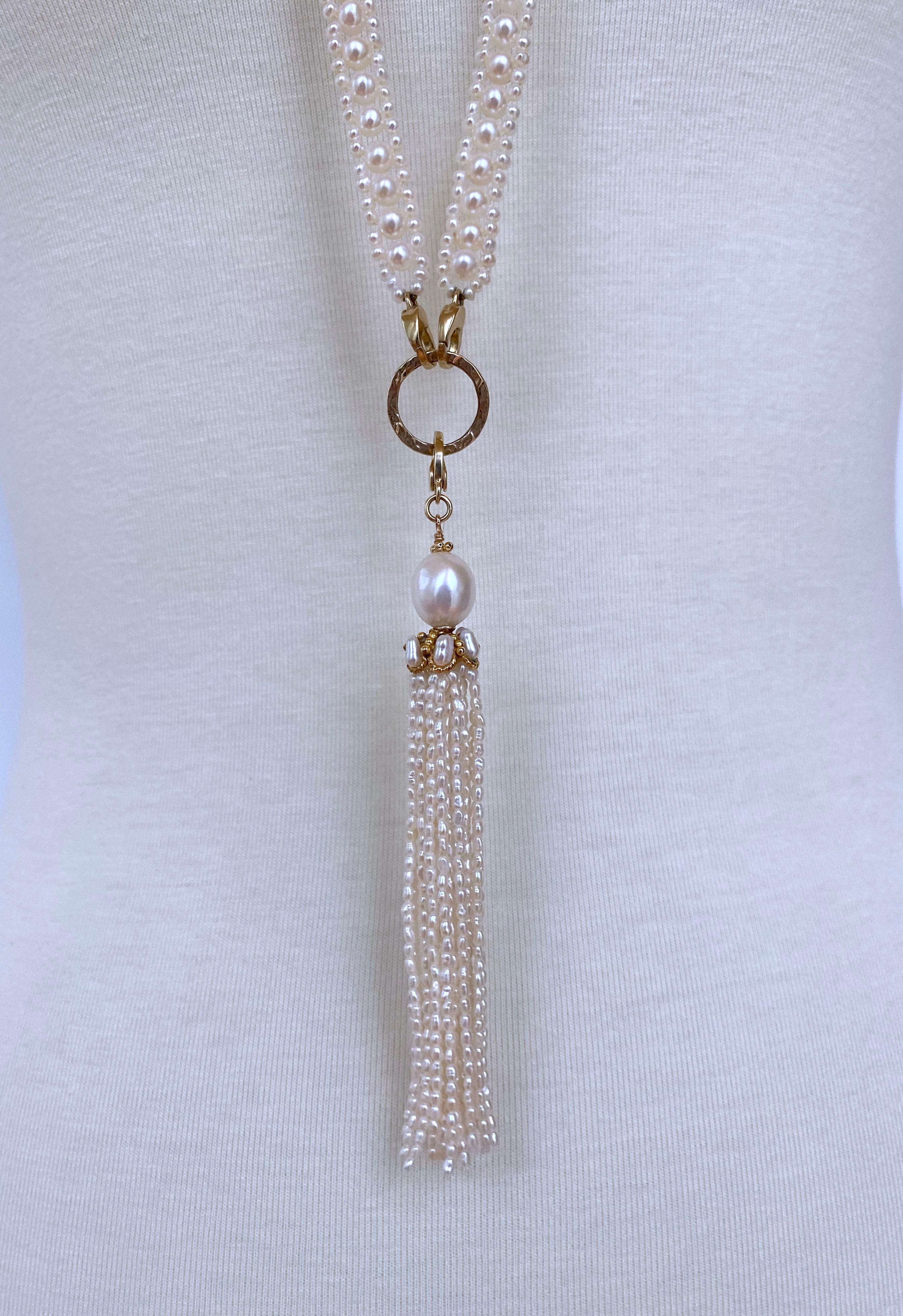 Women's Marina J. Woven Pearl Sautoir with 14k Gold Ring & Removable Pearl Tassel For Sale