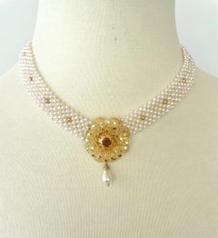 Marina J woven Pearl necklace with gold-plated Silver vintage brooch with Garnet