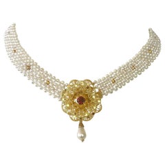 Marina J, gewebte Perlenkette mit vergoldetem Silber, Vintage-Brosche mit Granat
