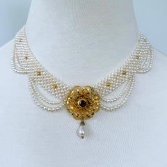 Marina J. Woven Pearl Necklace With Gold Plated Vintage Garnet Brooch